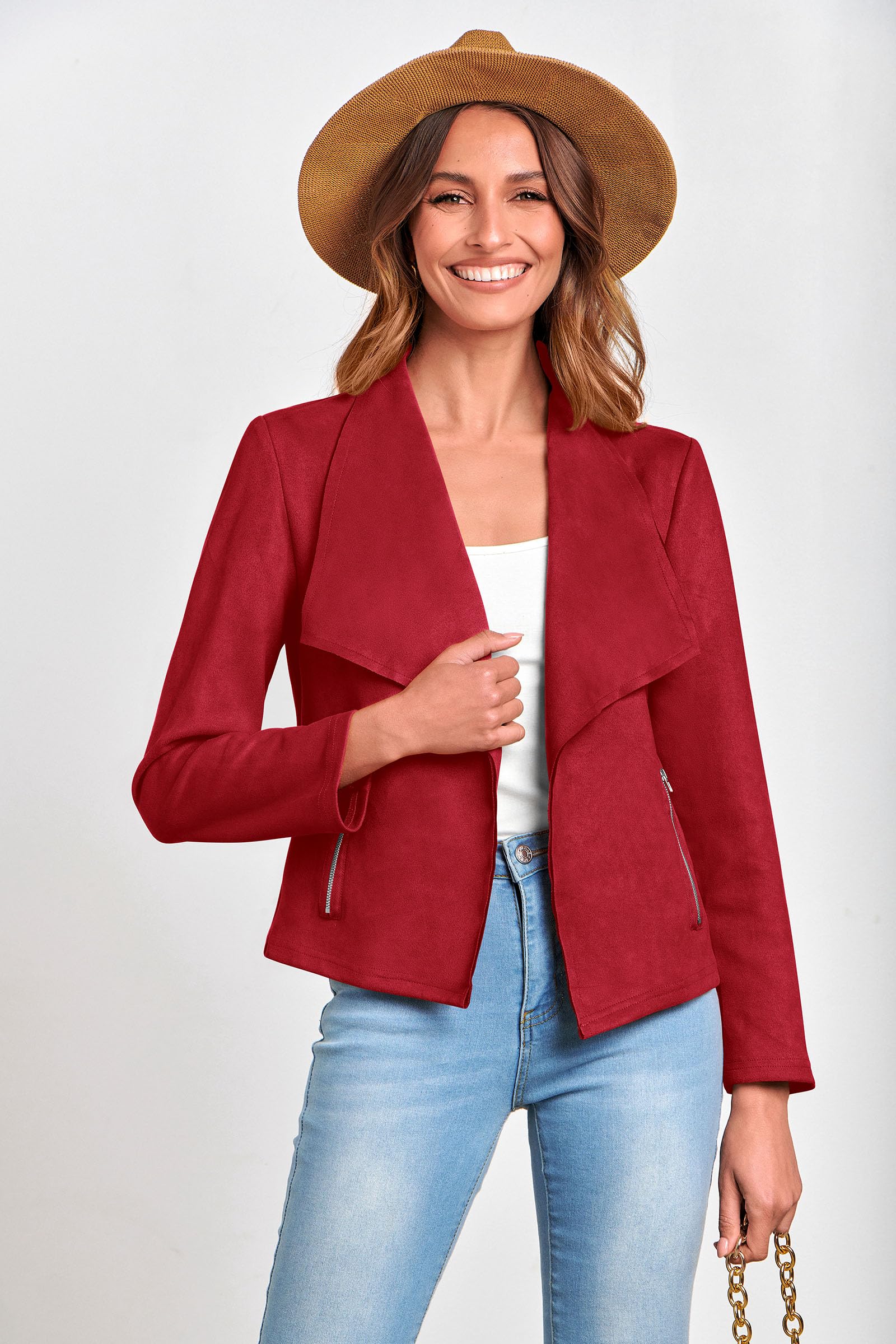 Women's Fall Fashion Faux Suede Jackets(Red,Small)