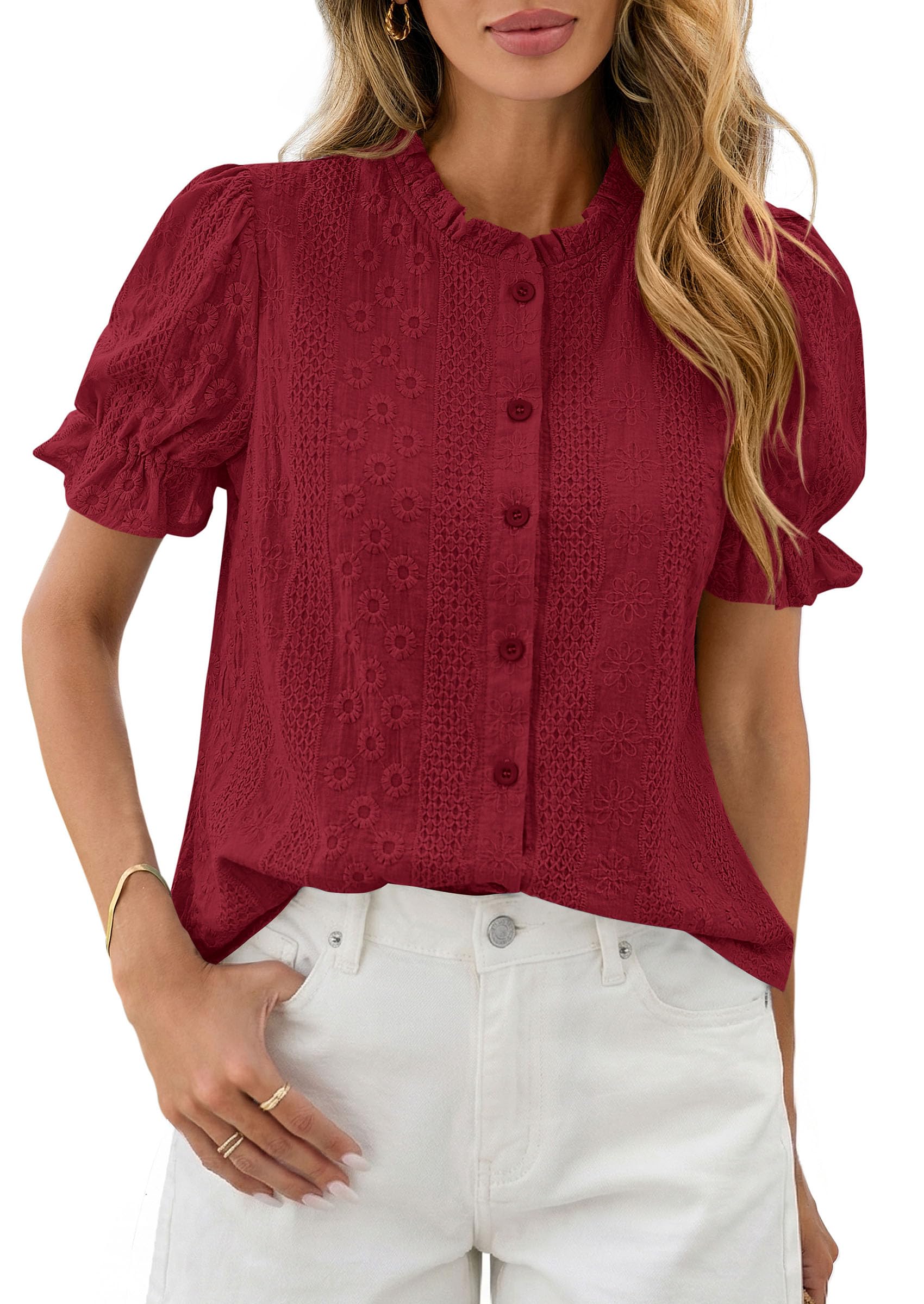 Womens Embroidered Puff Short Sleeve Tops,Wine Red,S