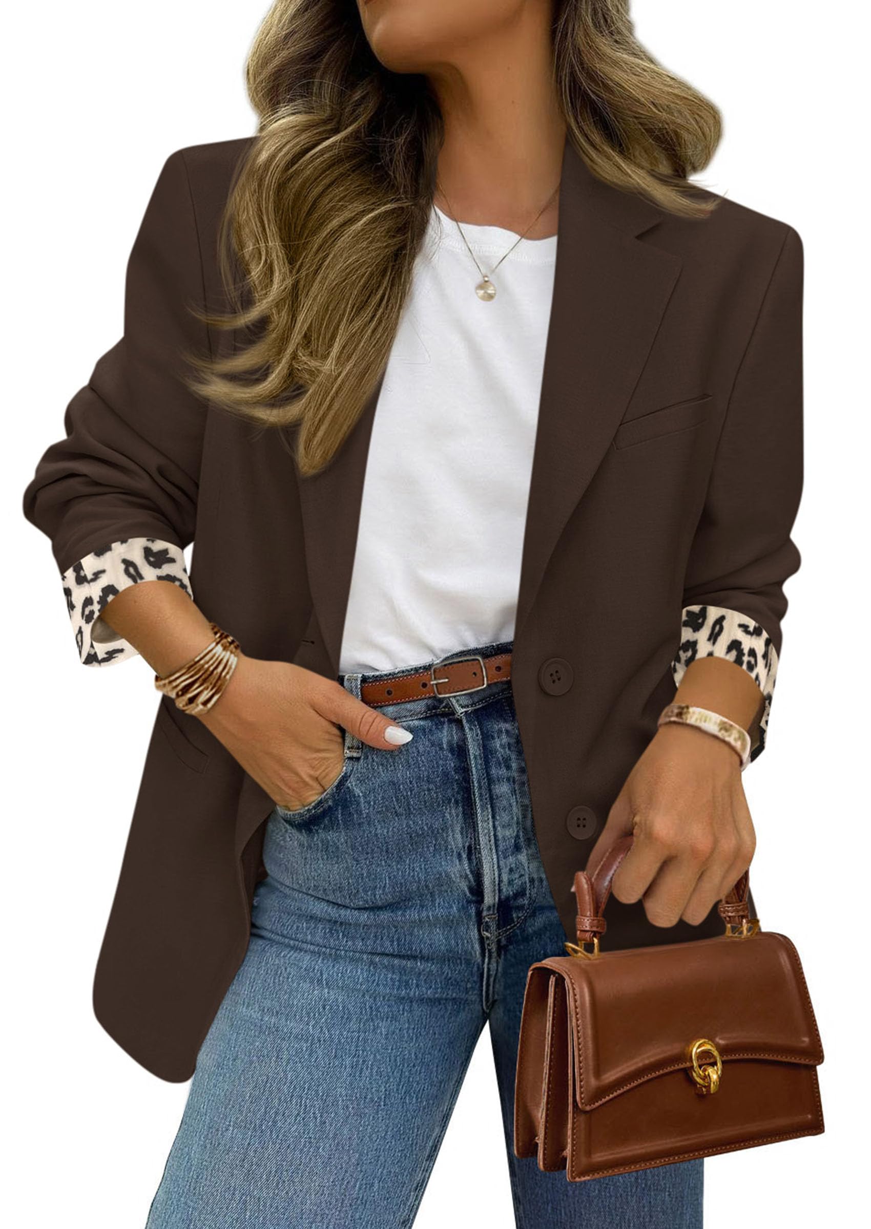 Womens Open Front Leopard Blazers Suit Jackets,Coffee,S