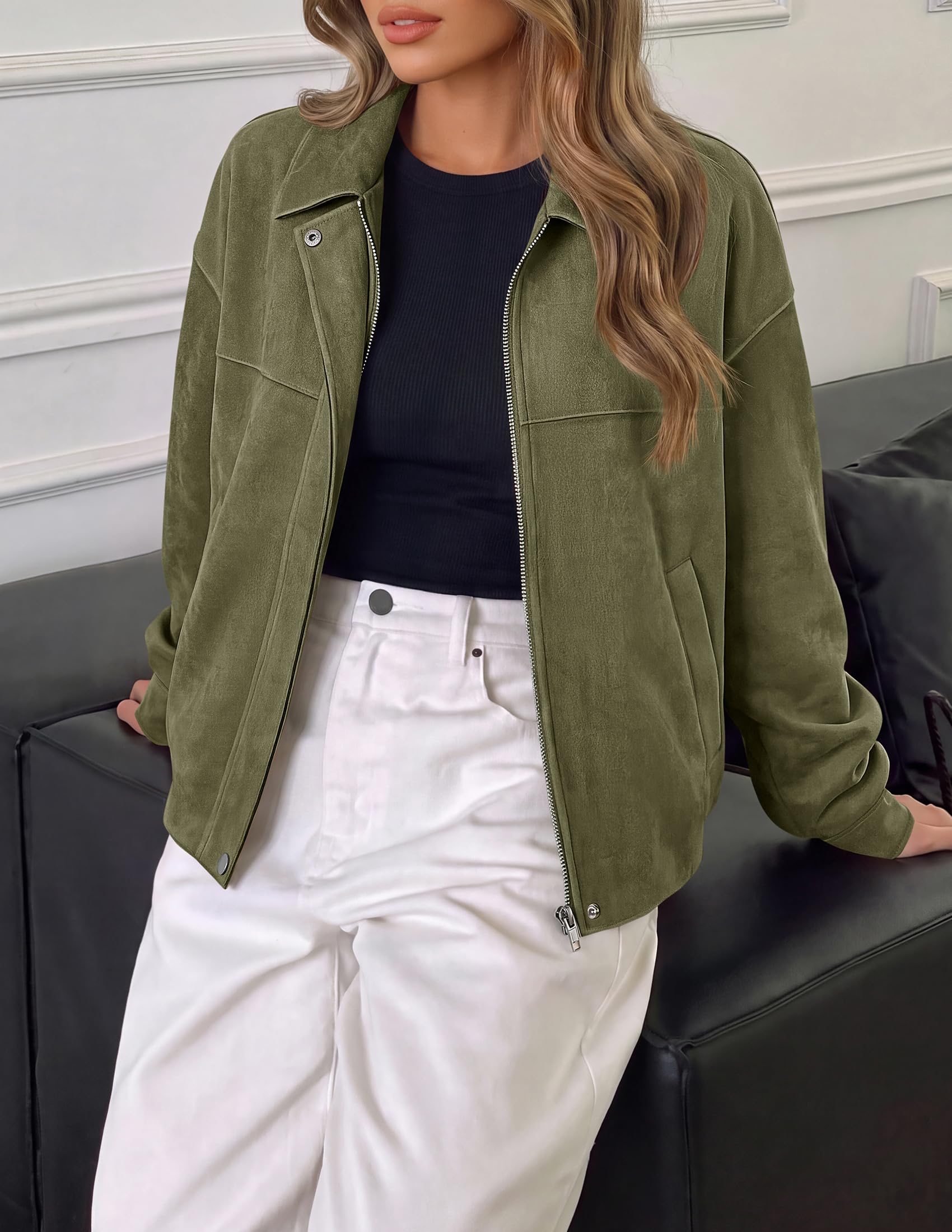 Women's Faux Suede Cropped Fall Jackets,Army Green,M