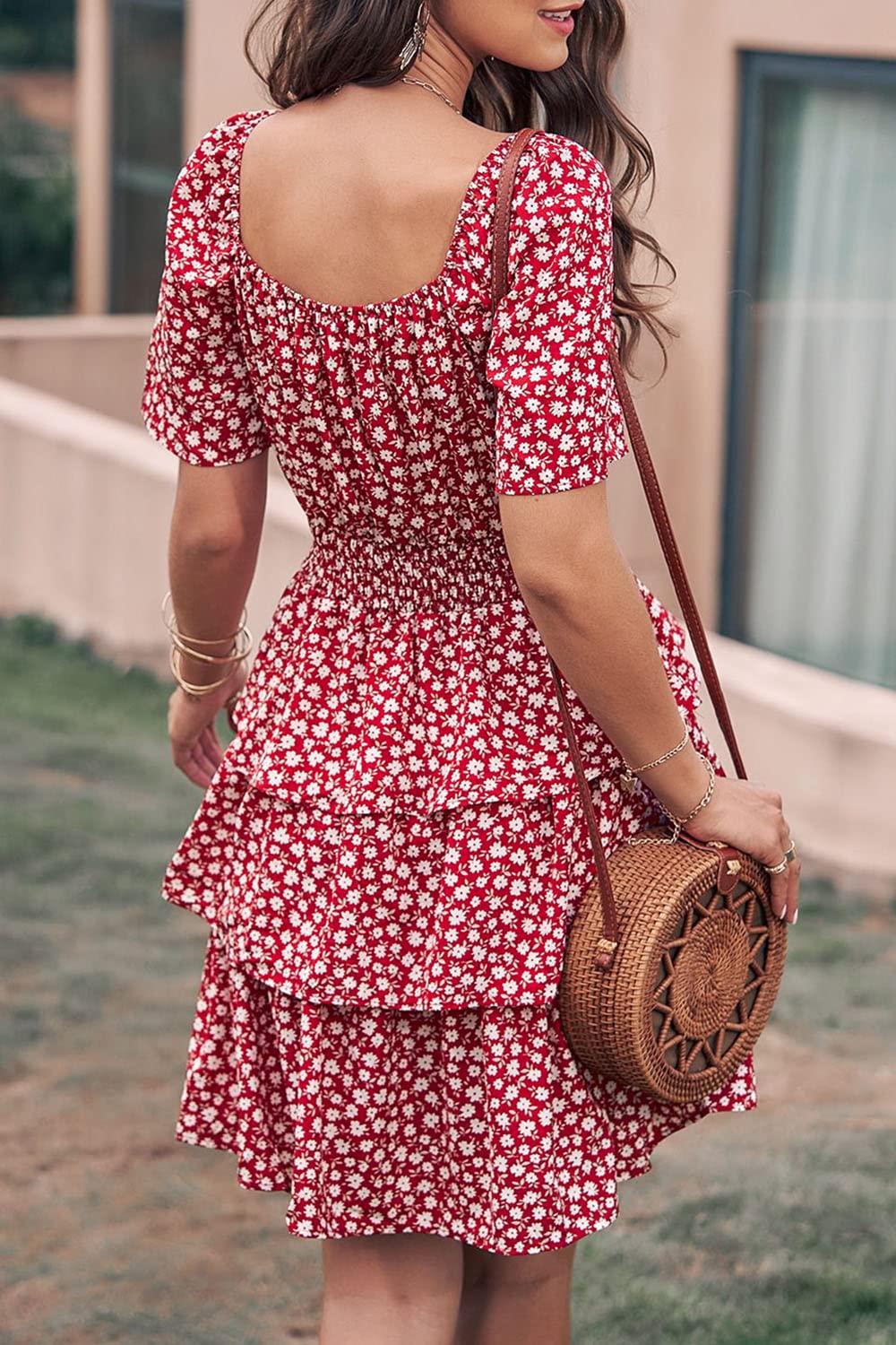 Women's Summer Floral Ruffle Short Dress Red,S