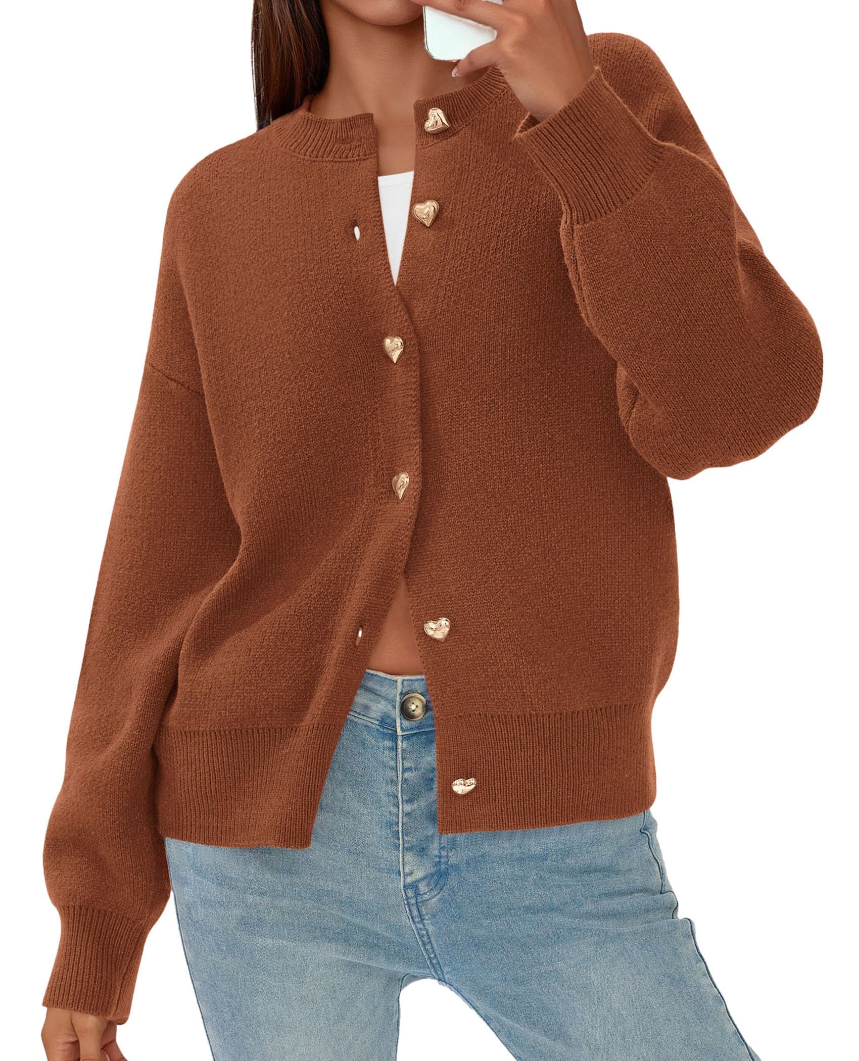 Women's Long Sleeve Button Up Cardigan,Red Brown,S