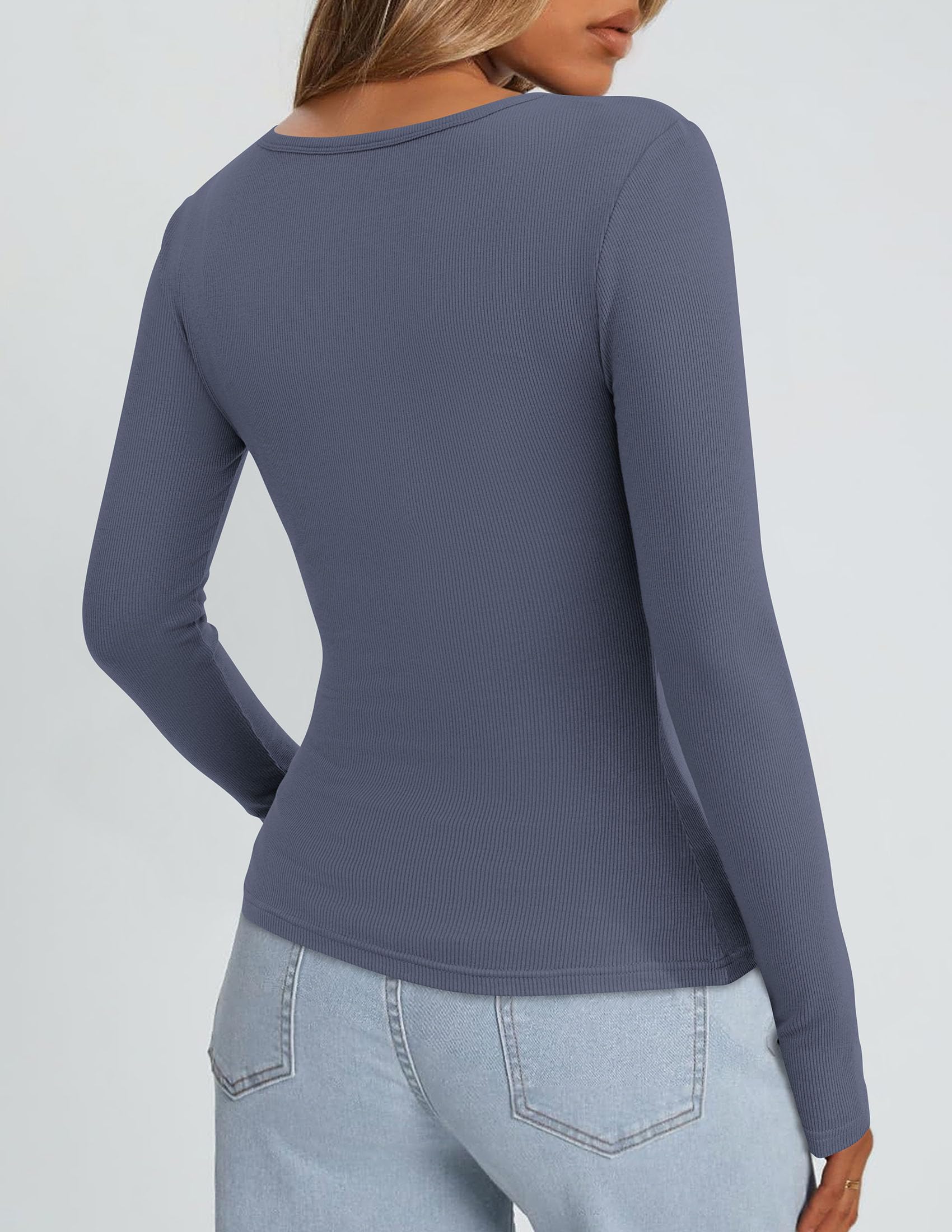 Square Neck Long Sleeve Shirts for Women Dark Dusty Blue,XS