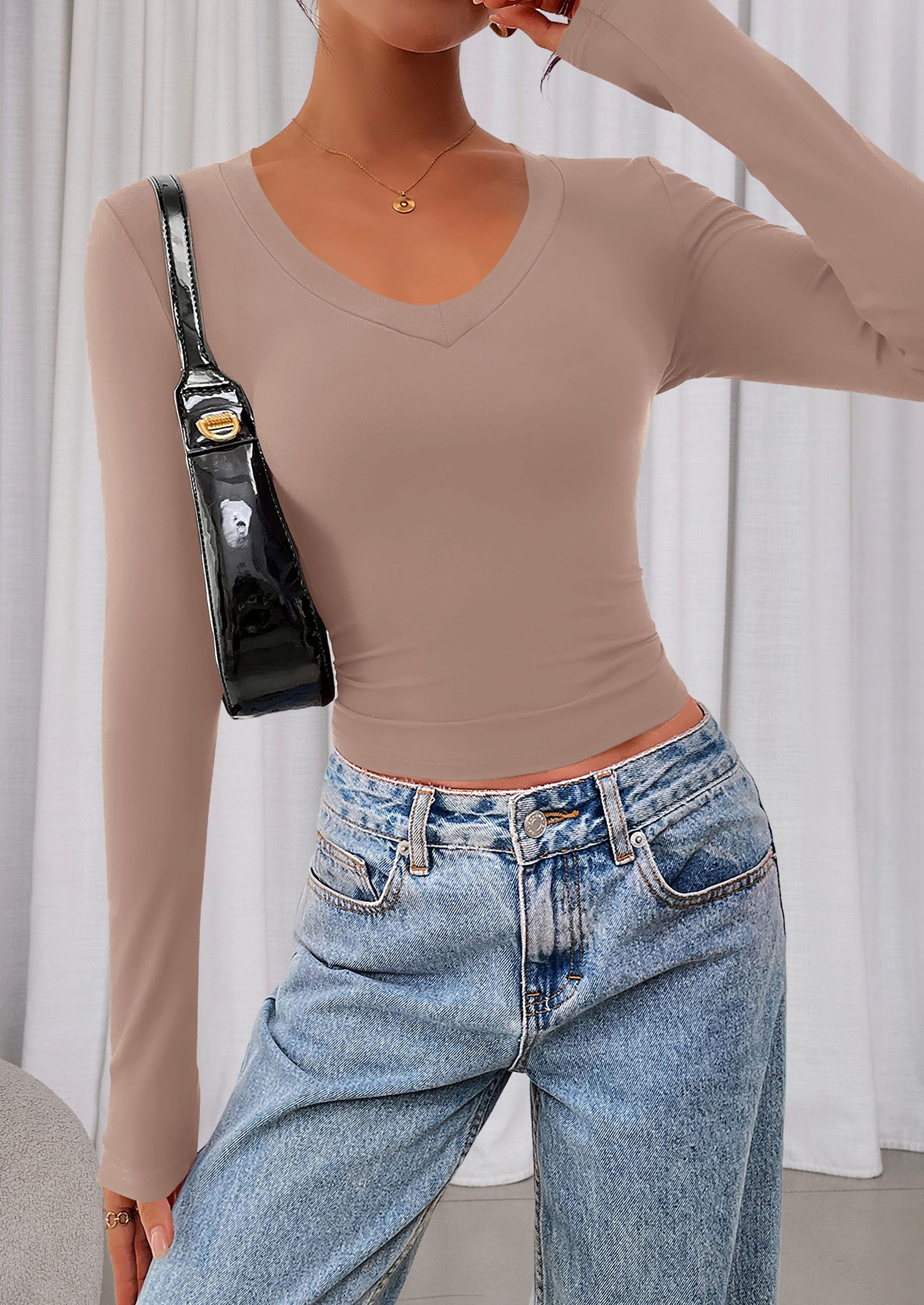 Womens Long Sleeve Slim Fit Crop Tops,Coffee,XS