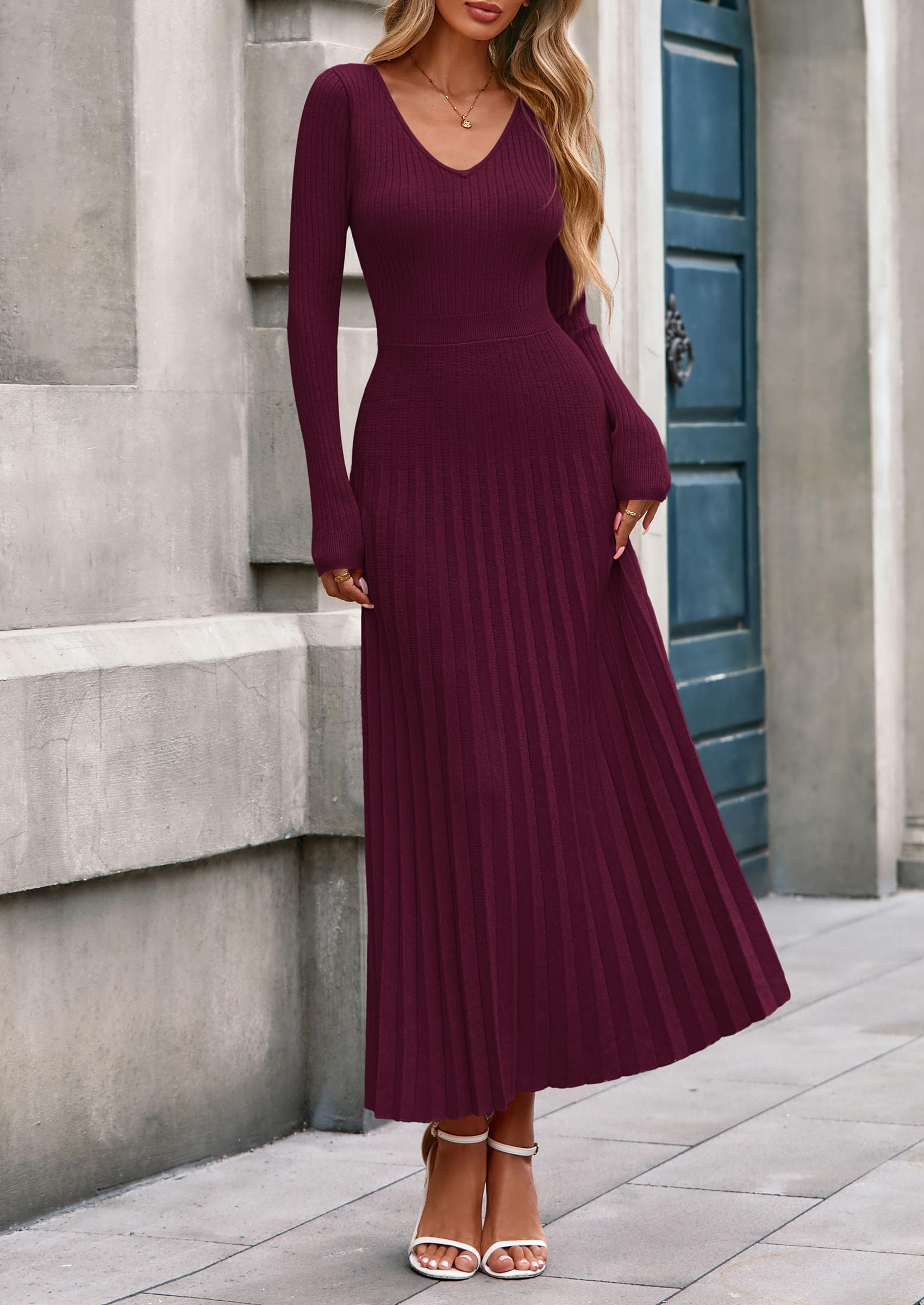Sweater Dress Women Long Sleeve Maxi Flowy Pleated Dresses