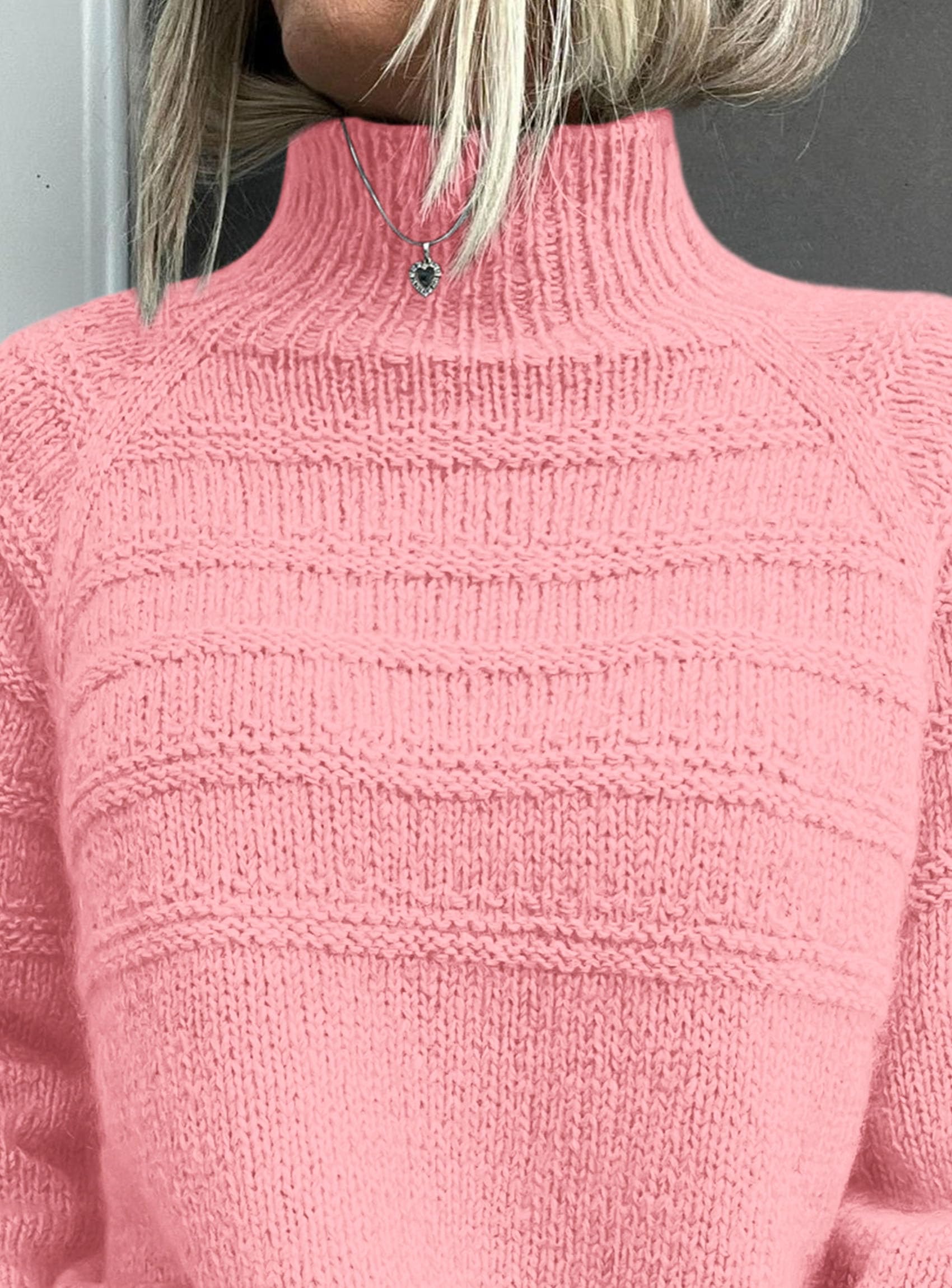 Women's Chunky Knit Mock Neck Pullover Sweaters,Pink,S