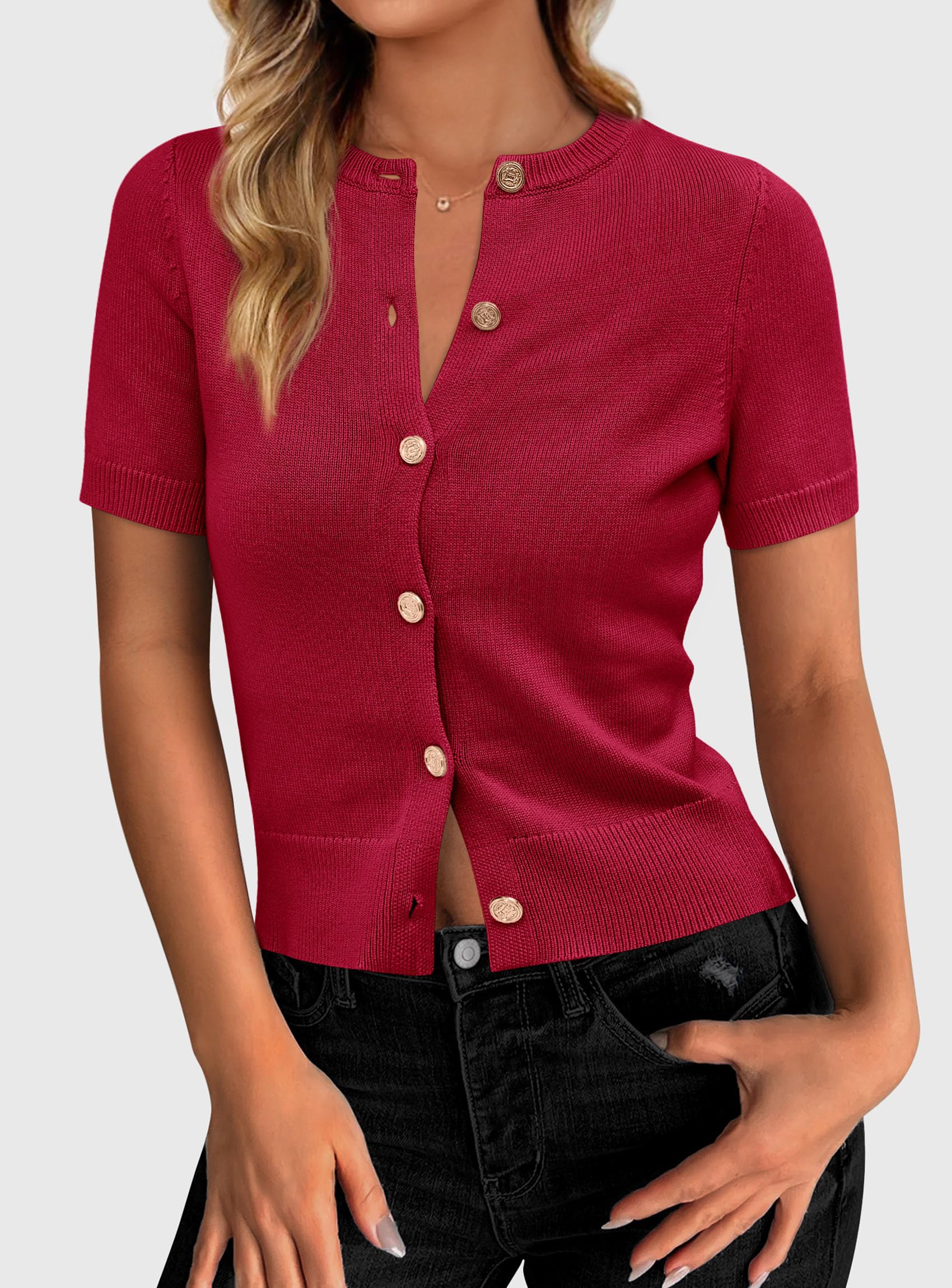 Womens Summer Cardigan Short Sleeve Sweater,Red,S