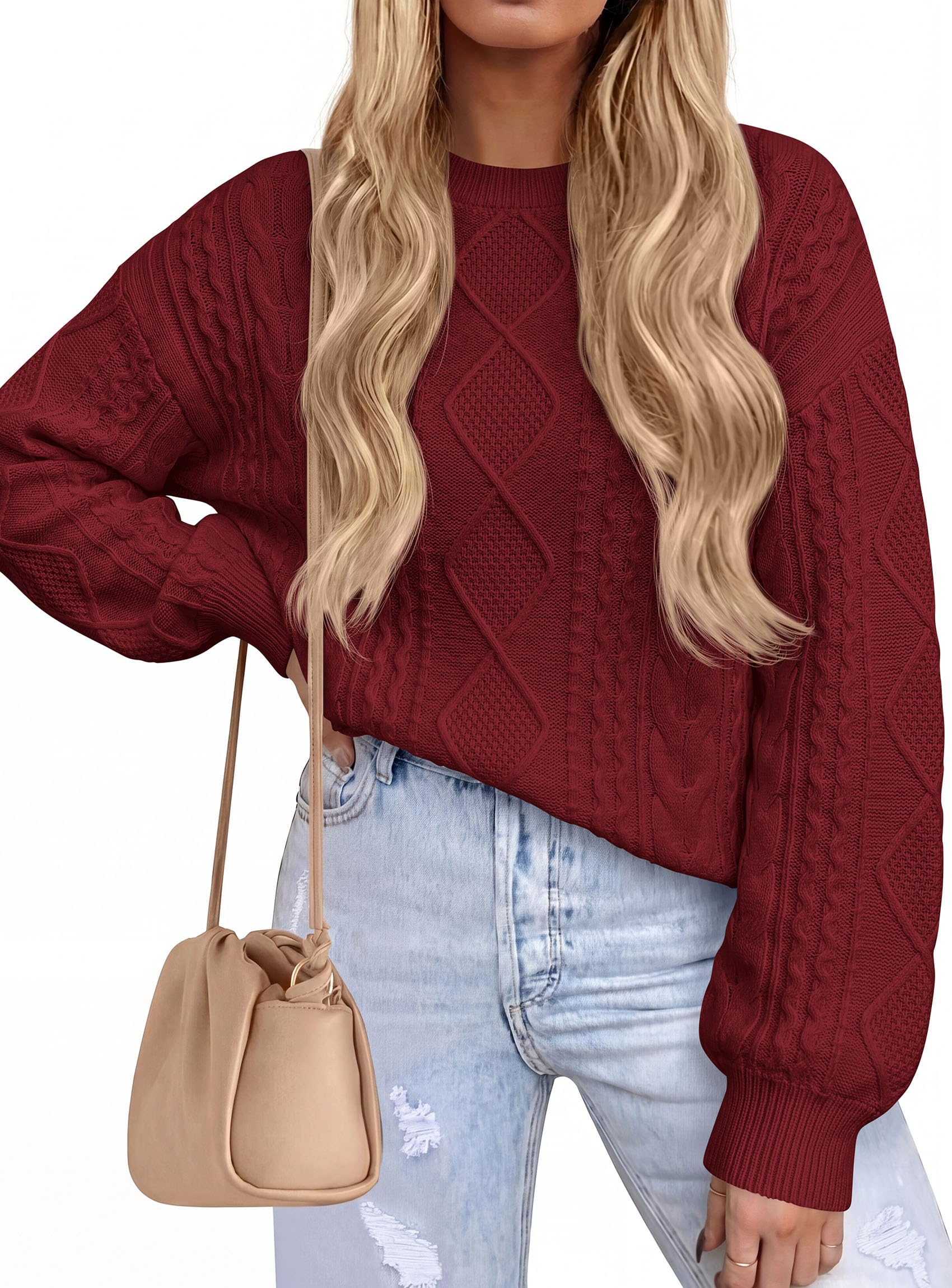 Women's Crewneck Cable Knit Sweater Pullover Tops Wine Red