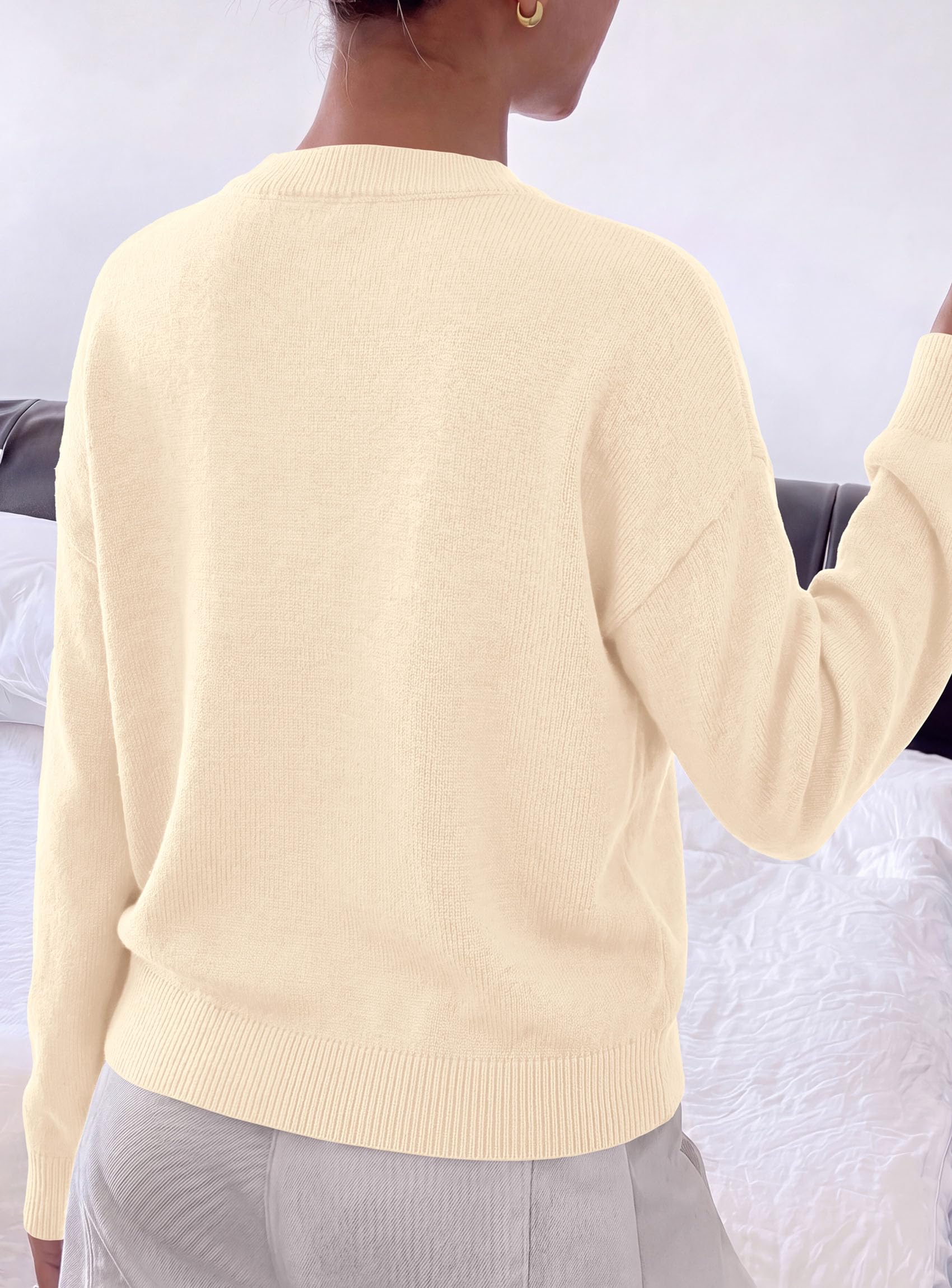 Womens Sweaters Floral Long Sleeve Knit Tops,Beige,S