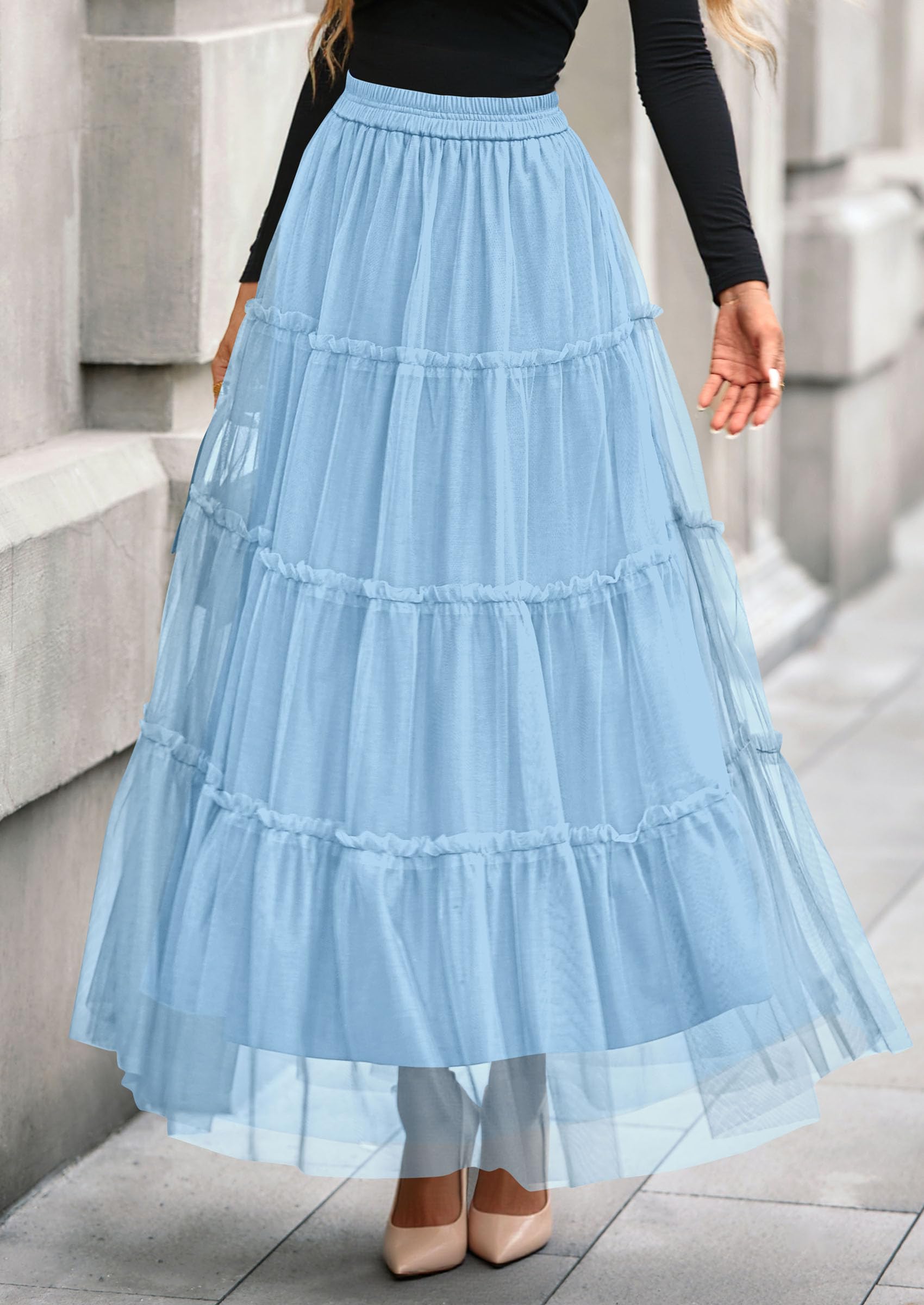 Women's Fall Soft Tulle Tiered Long Skirt,Light Blue,S