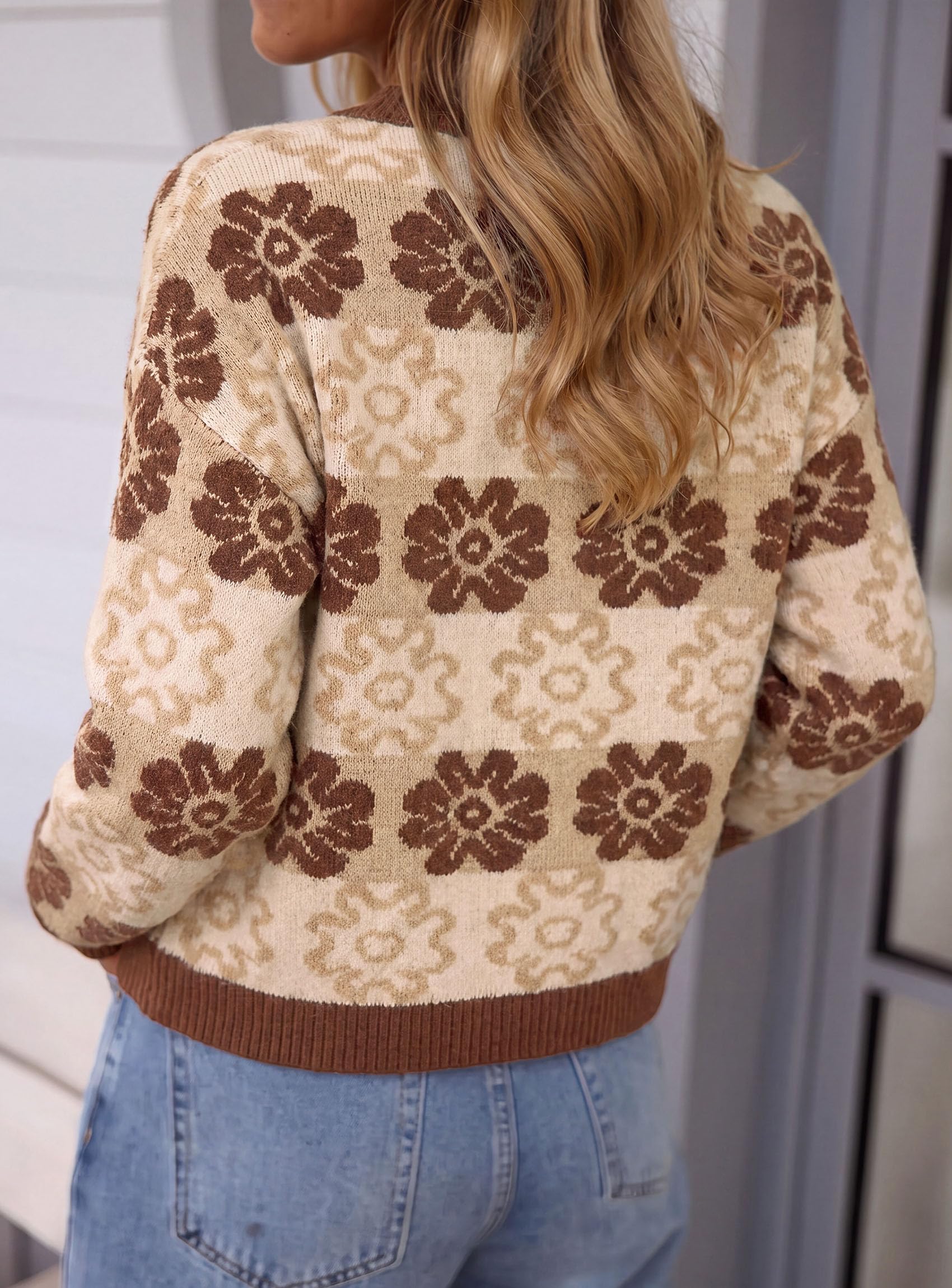 Women's Floral Crewneck Sweater Knit Pullover,Khaki,S