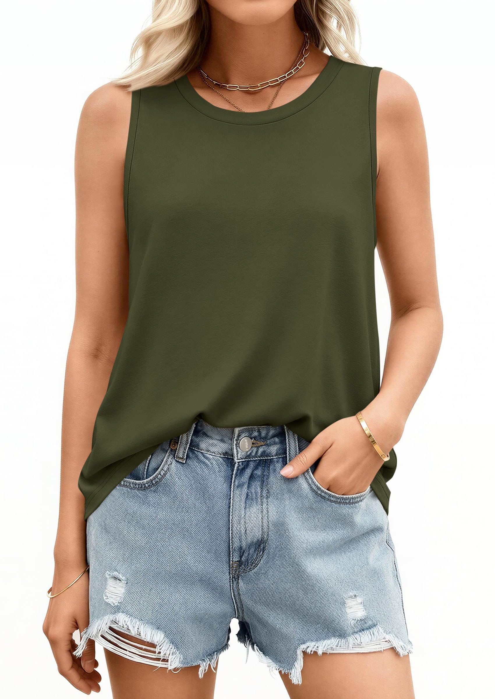 Women's Wide Strap Sleeveless Tank Tops,Army Green,S