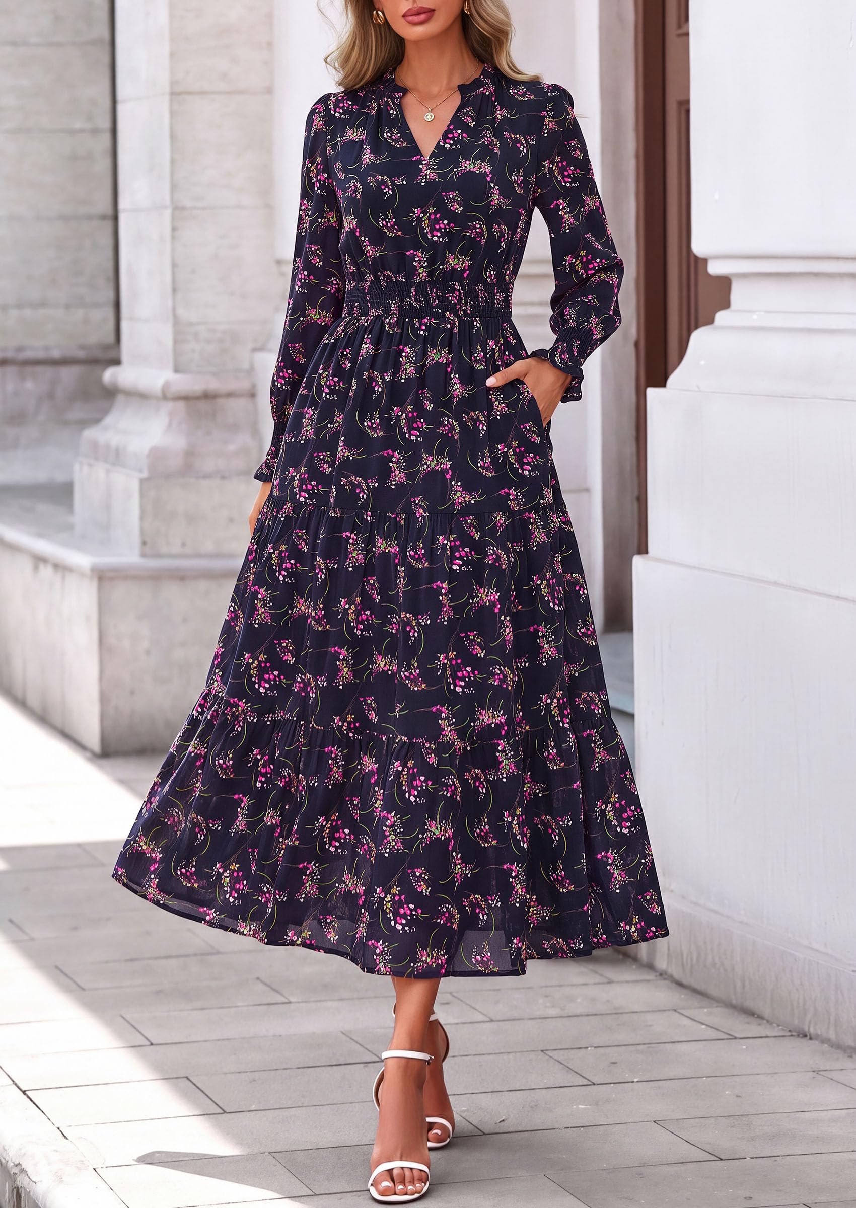Women's Floral Maxi Dress Fall A Line Wedding Guest Dresses