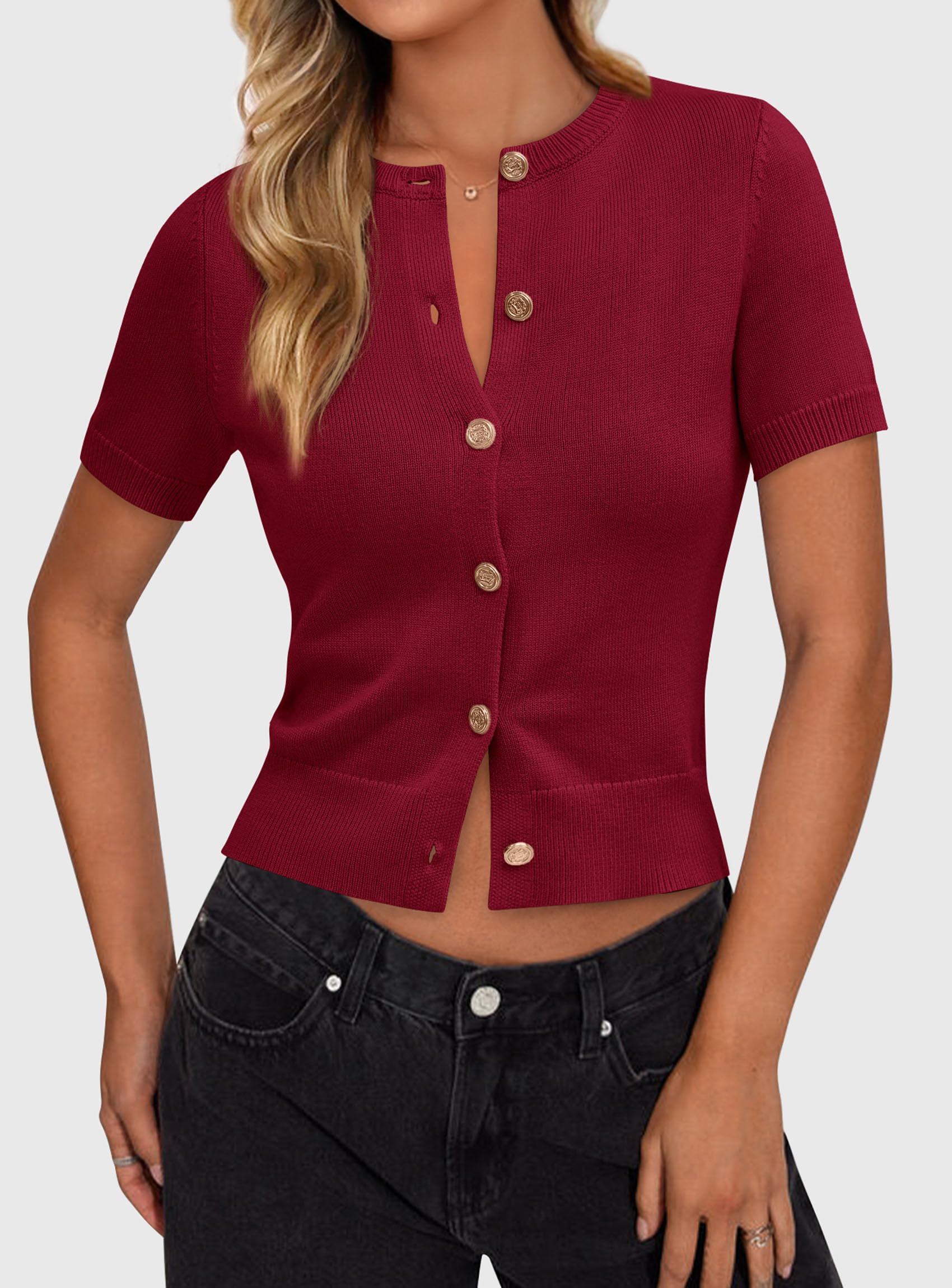 Womens Summer Cardigan Short Sleeve Sweater,Wine Red,S