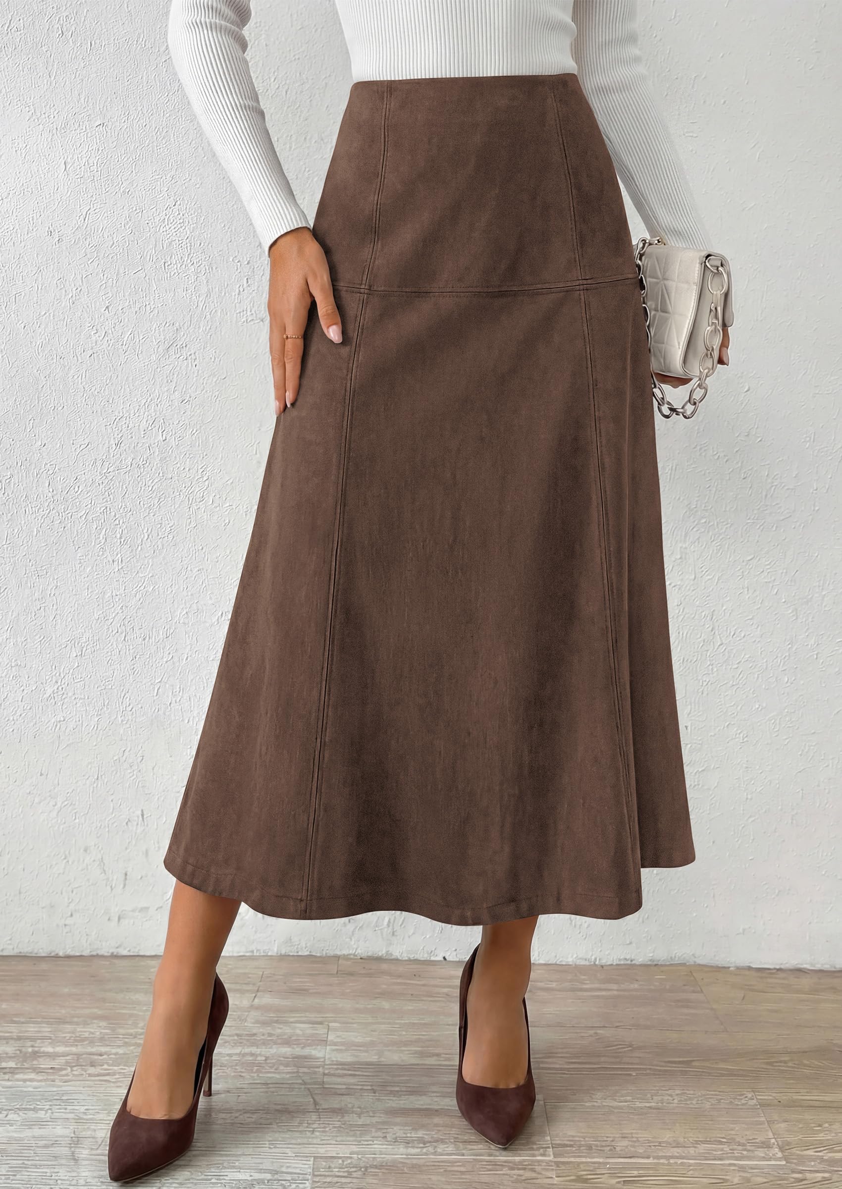 Womens High Waist Faux Suede A Line Midi Skirt,Dark Brown,XL