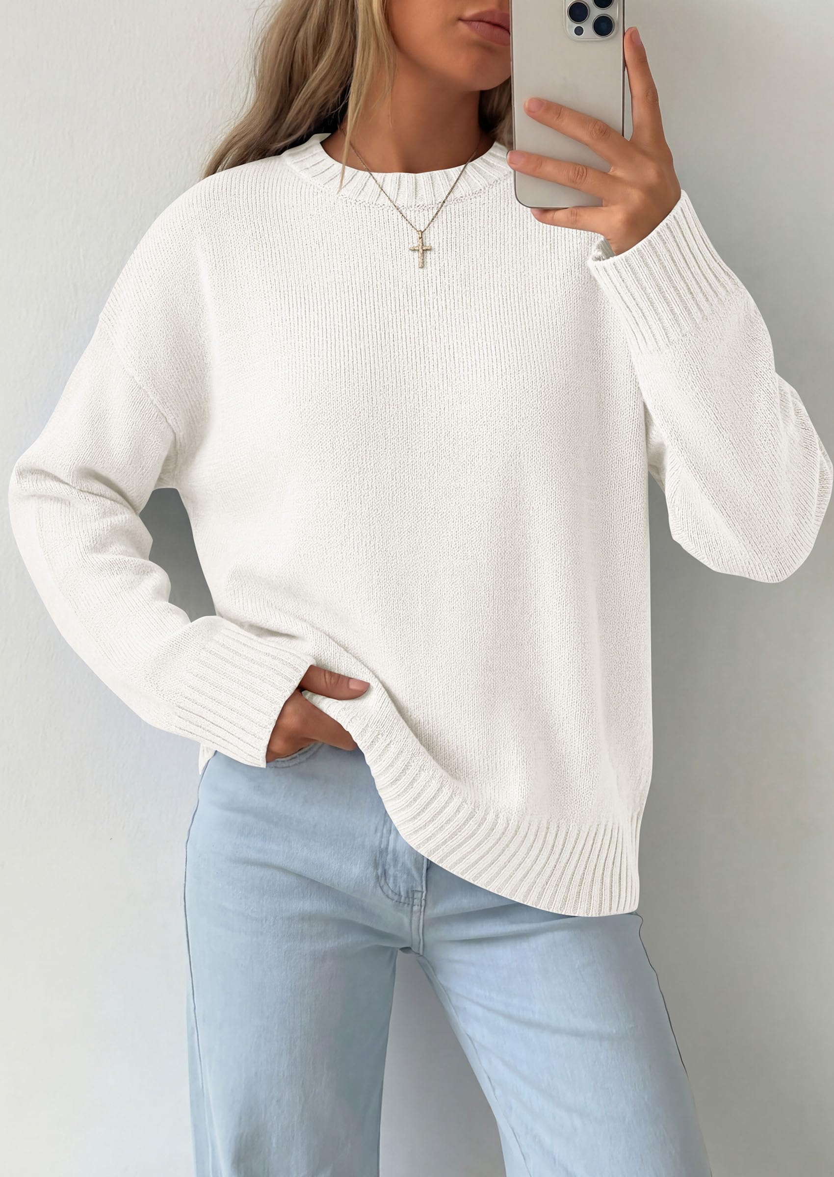 Oversized Sweater Women's Crewneck Long Sleeve Tops White