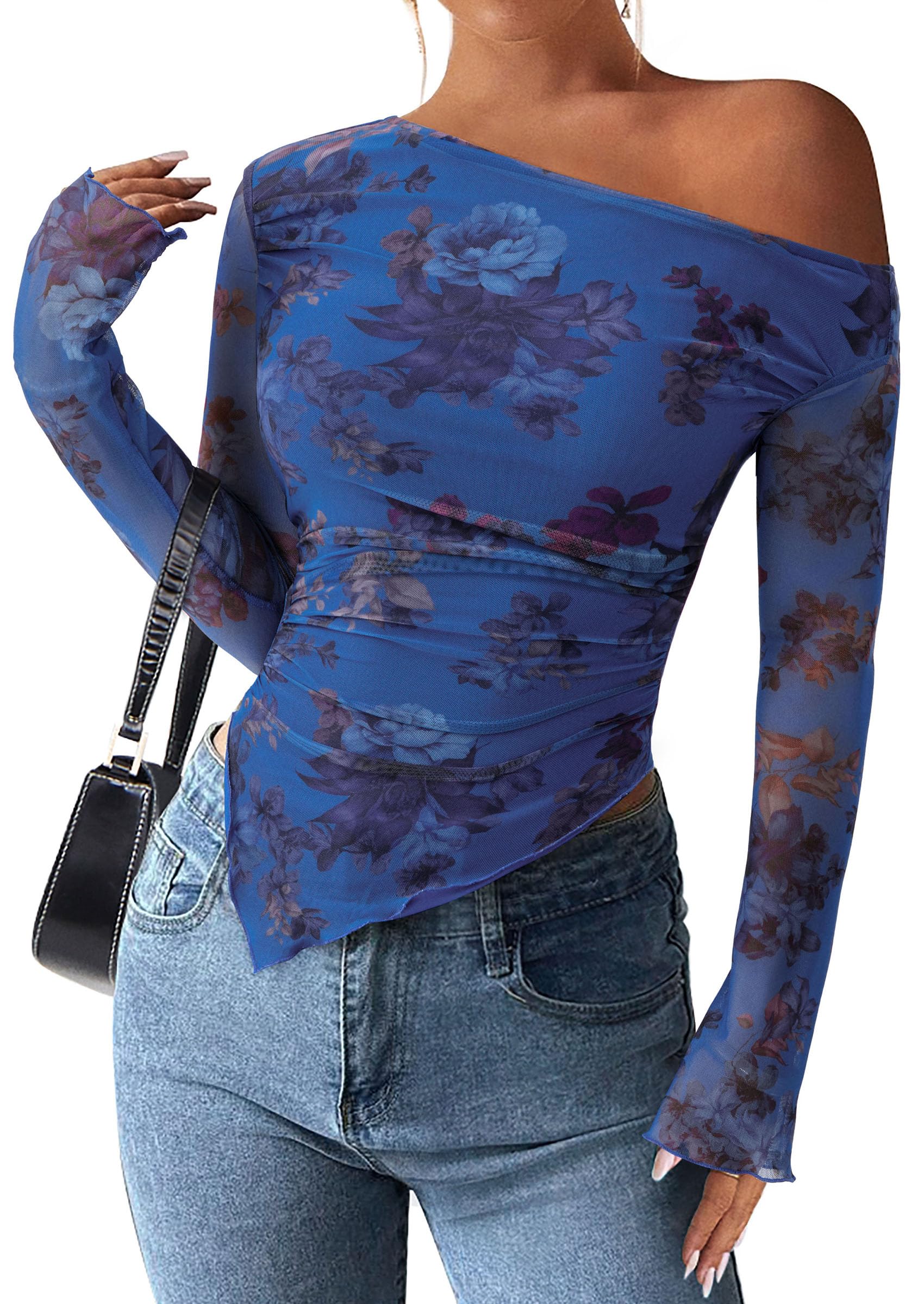 Womens Off Shoulder Mesh Y2k Tops,Floral Blue,XS