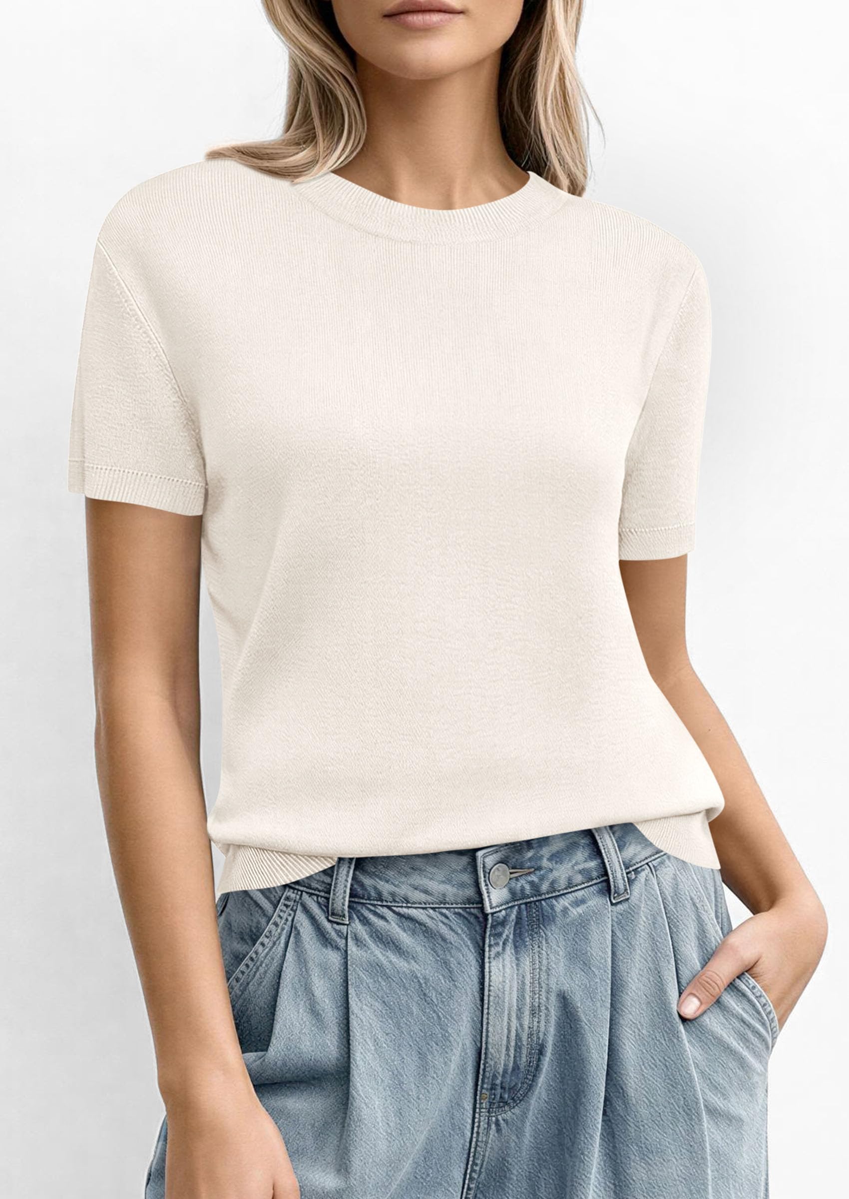 Women's Short Sleeve Sweaters Summer Tops,White,M