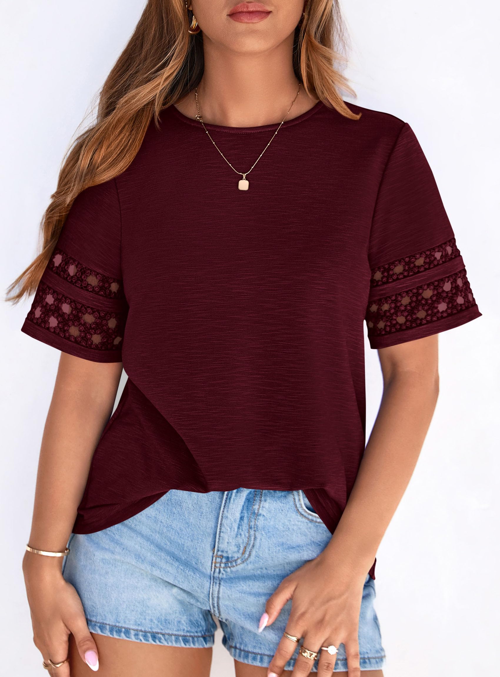 Women's Summer Short Sleeve Lace Trim T-Shirts,Burgundy,S