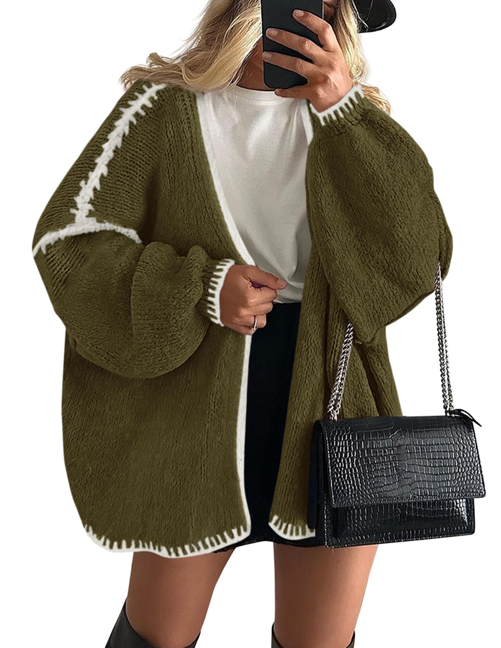 Womens Oversized Cardigan Sweaters 2026 Fall Long Lantern Sleeve Knit Open Front Lightweight Sweater (Style2-Army Green,Small)