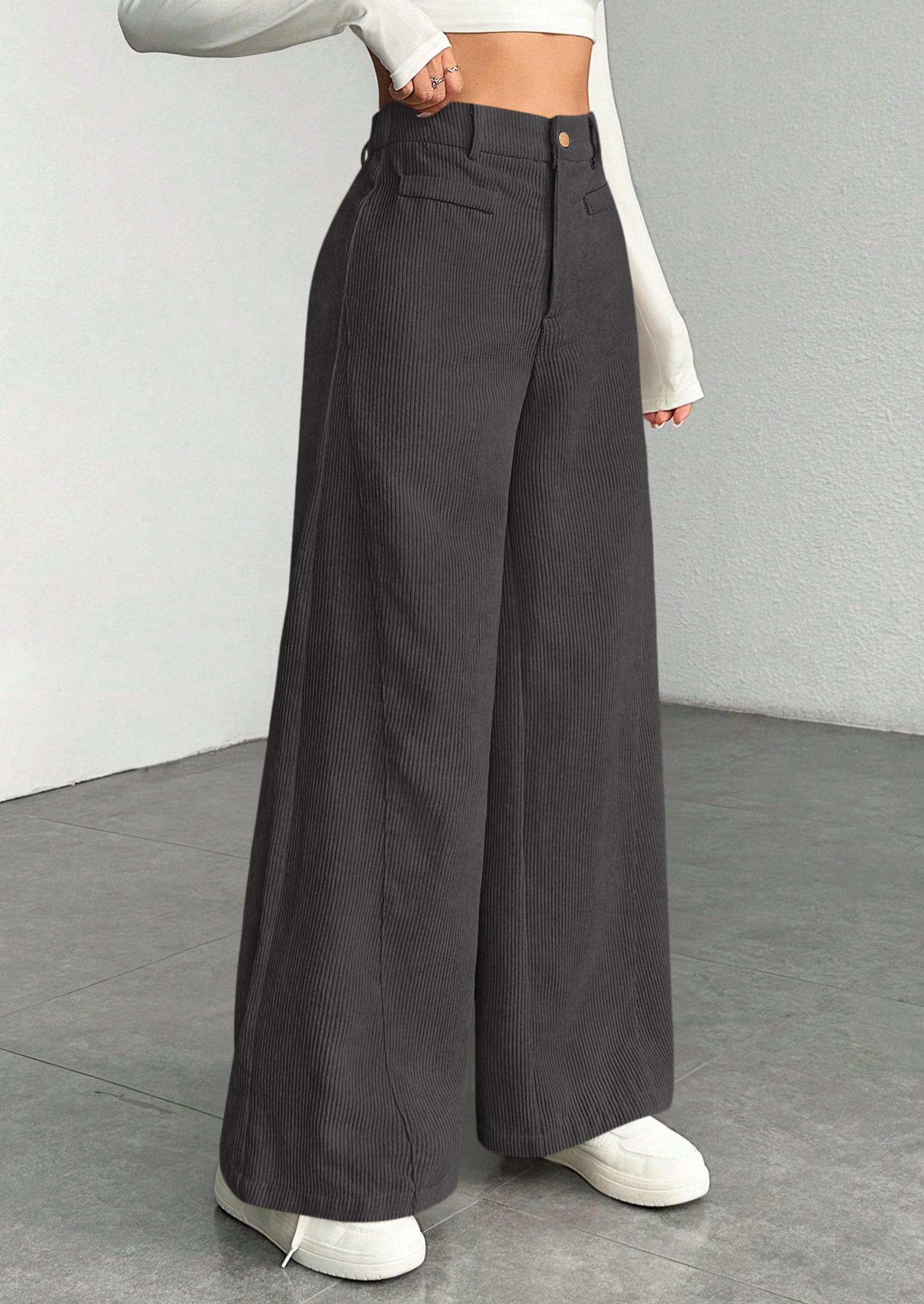Women's High Waisted Corduroy Pants Casual,Dark Grey,S