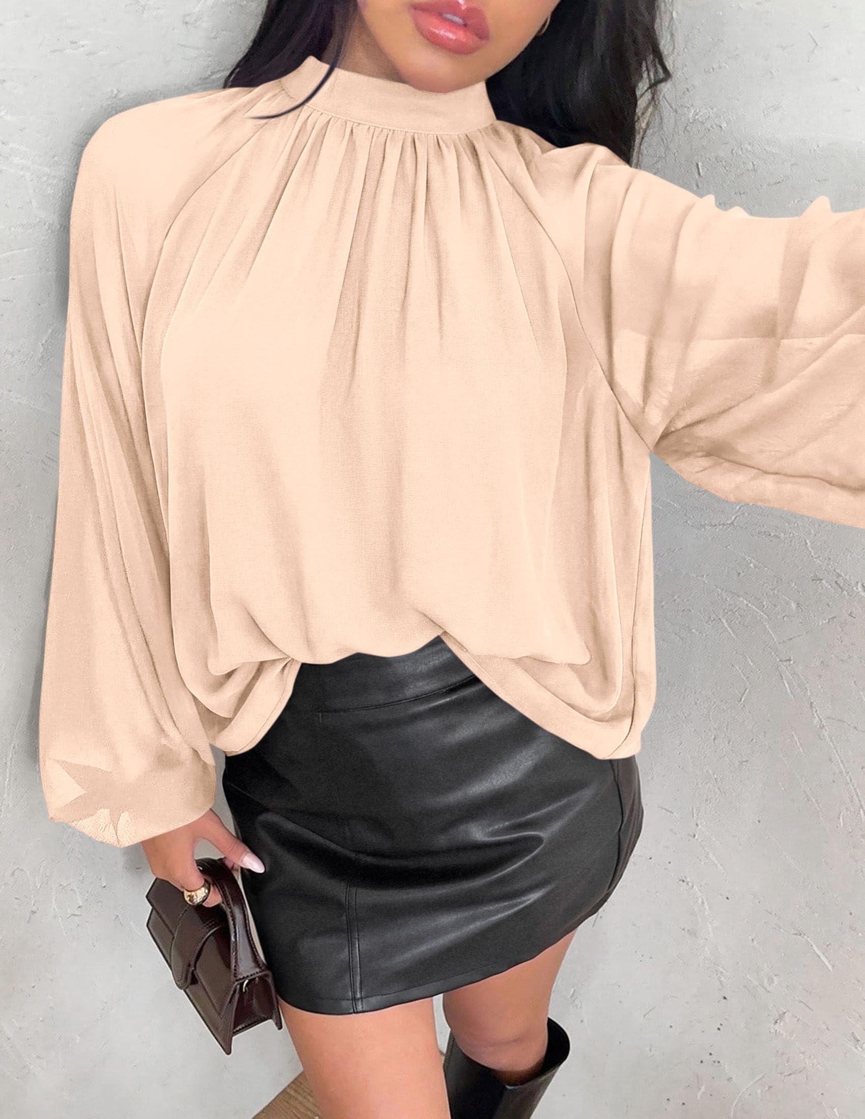 Chiffon Blouses for Women Dressy Casual Mock Neck Tops Beige