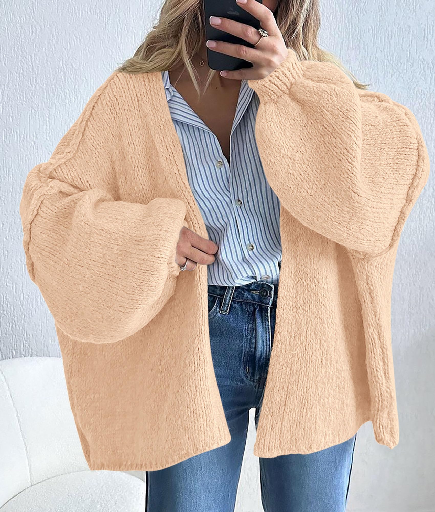 Womens Open Front Oversized Cardigan Sweaters,Apricot,XS