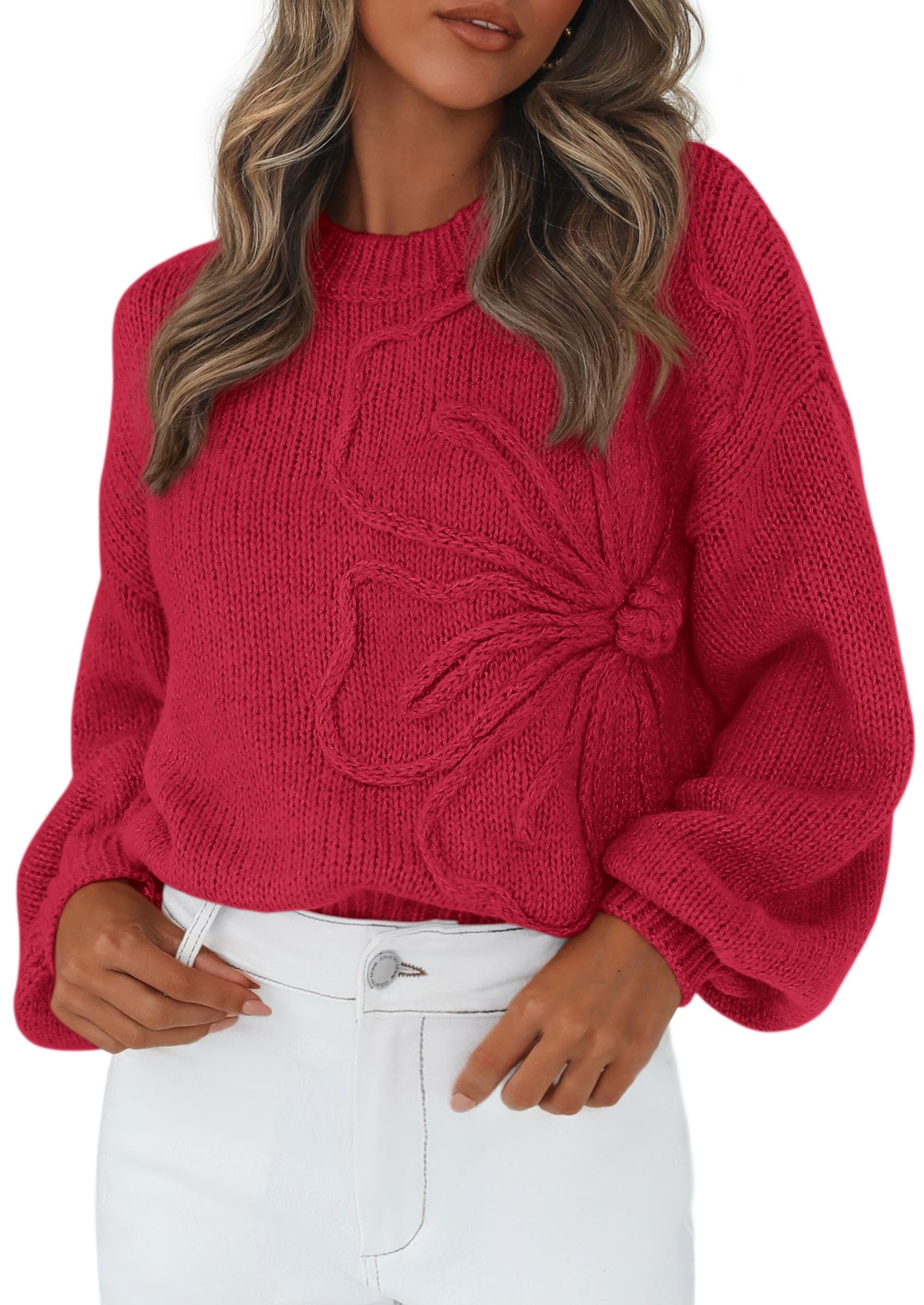 Women's Oversized 3D Floral Knit Sweater,Red,S