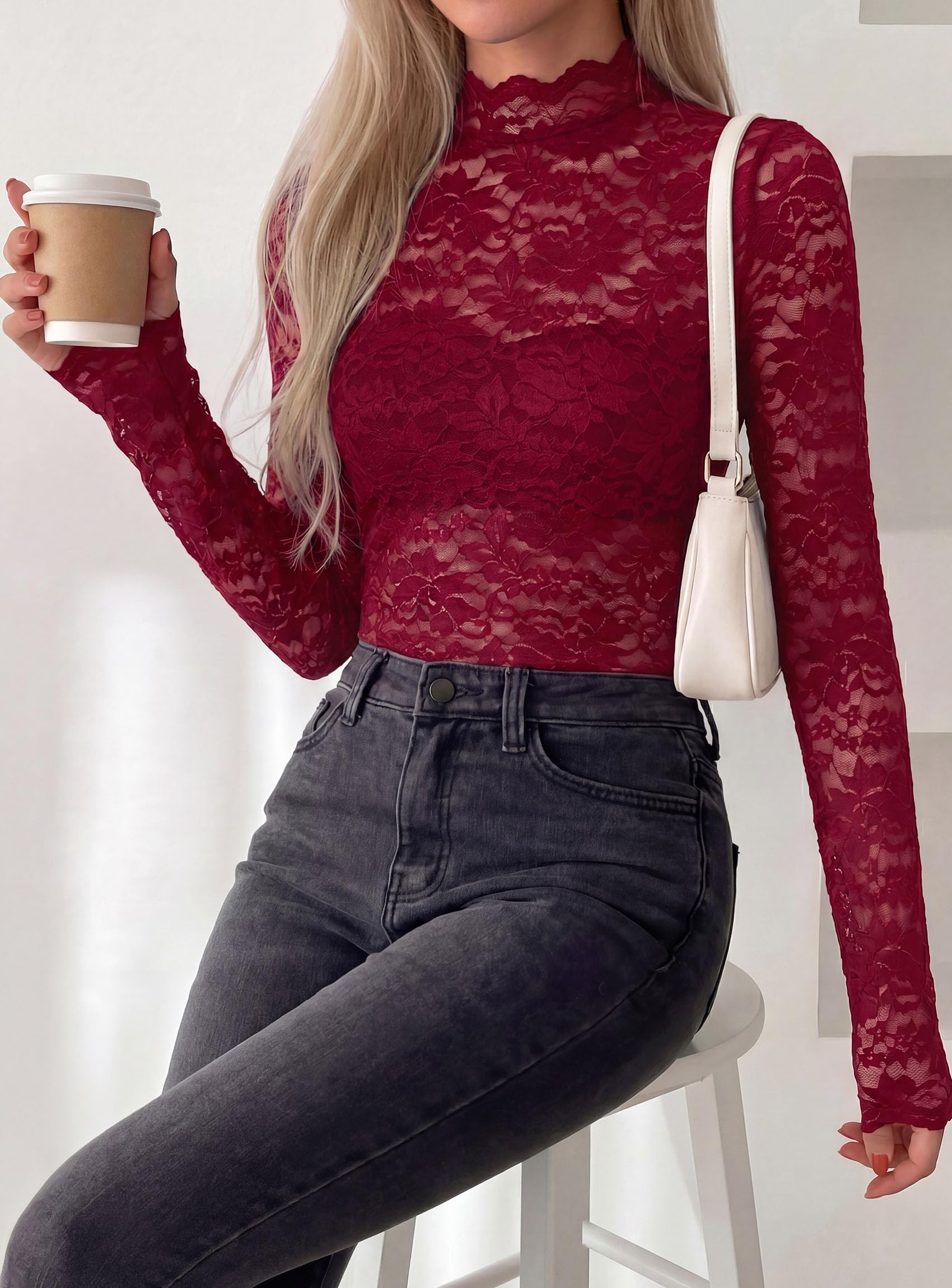 Womens Lace Long Sleeve Tops Sheer Mesh Blouse Wine Red,S