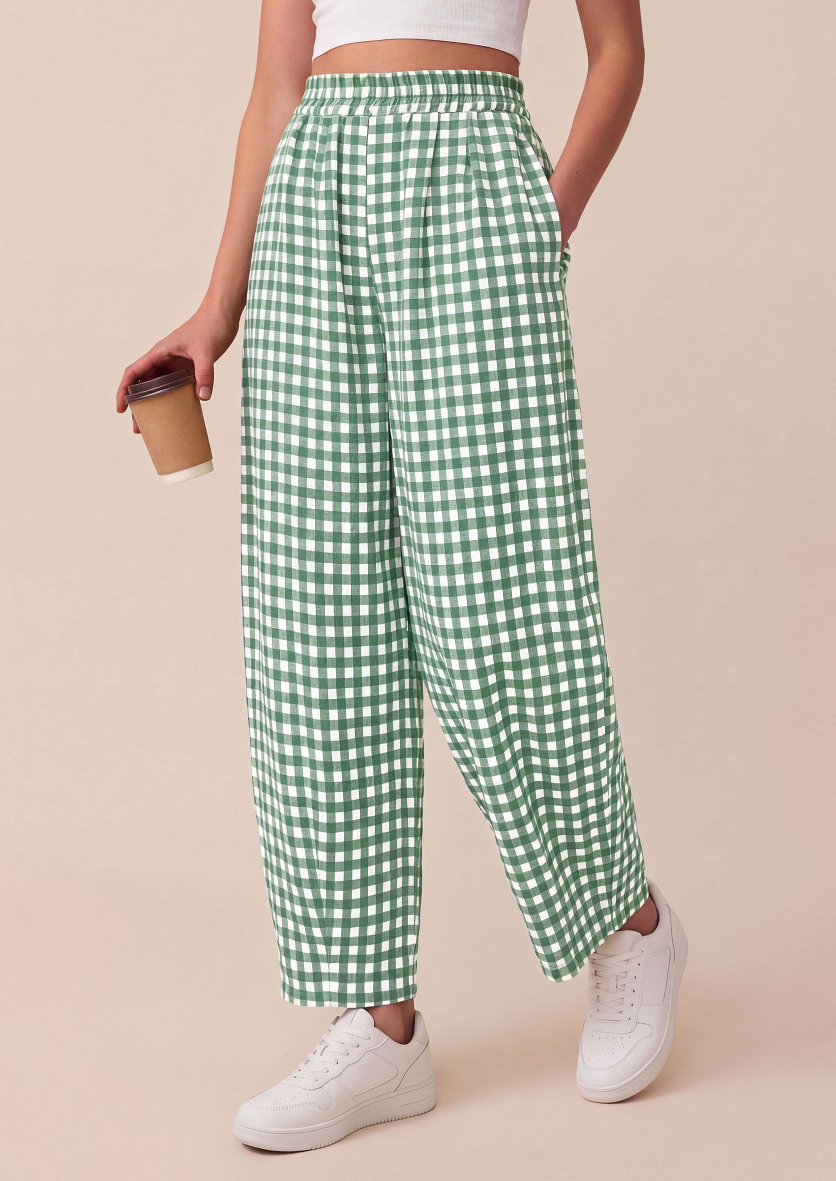 Plaid Barrel Pants Women Summer Bottoms, Green Plaid,S