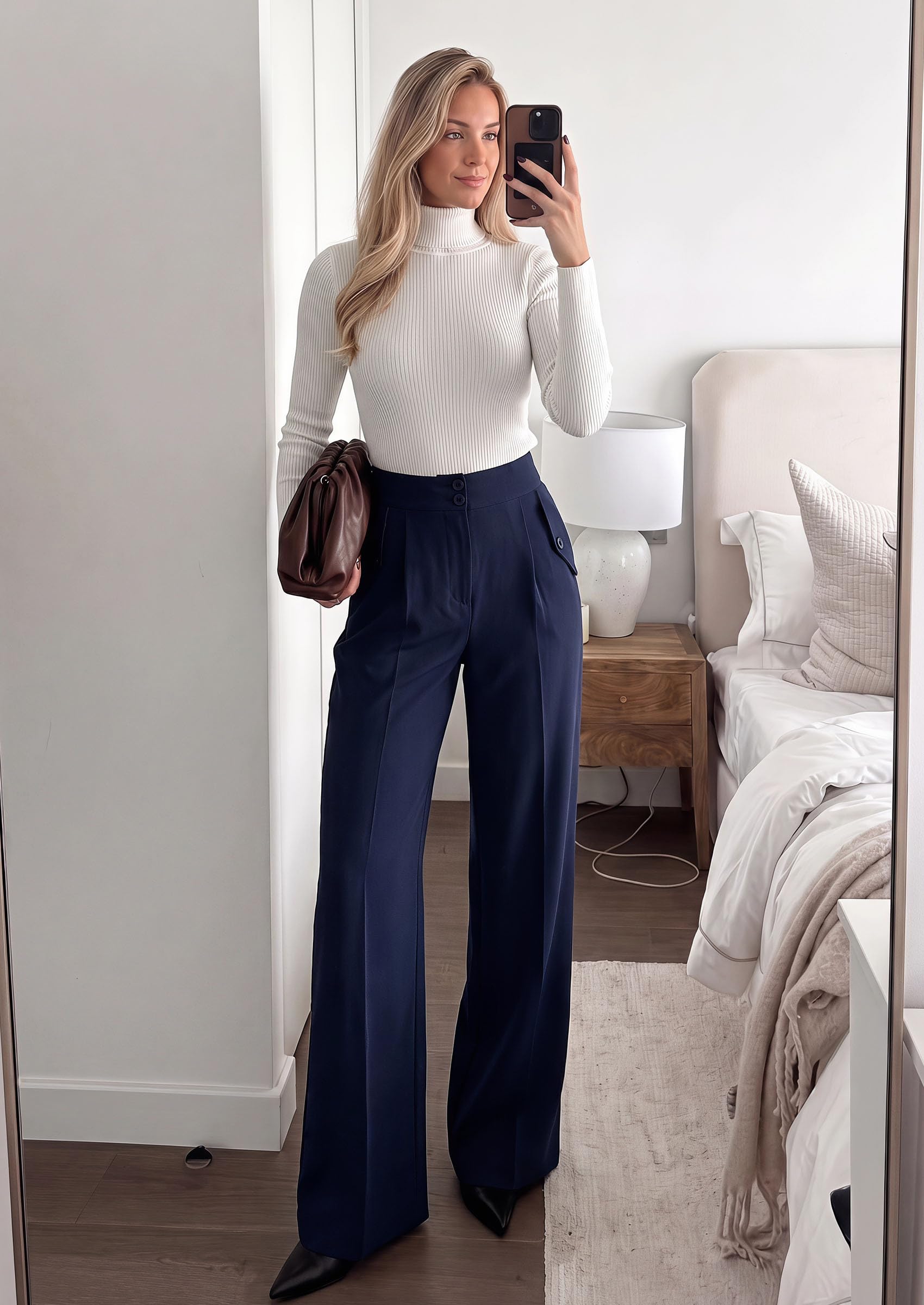 Women's Wide Leg Work Dress Pants Trousers, Navy Blue,S