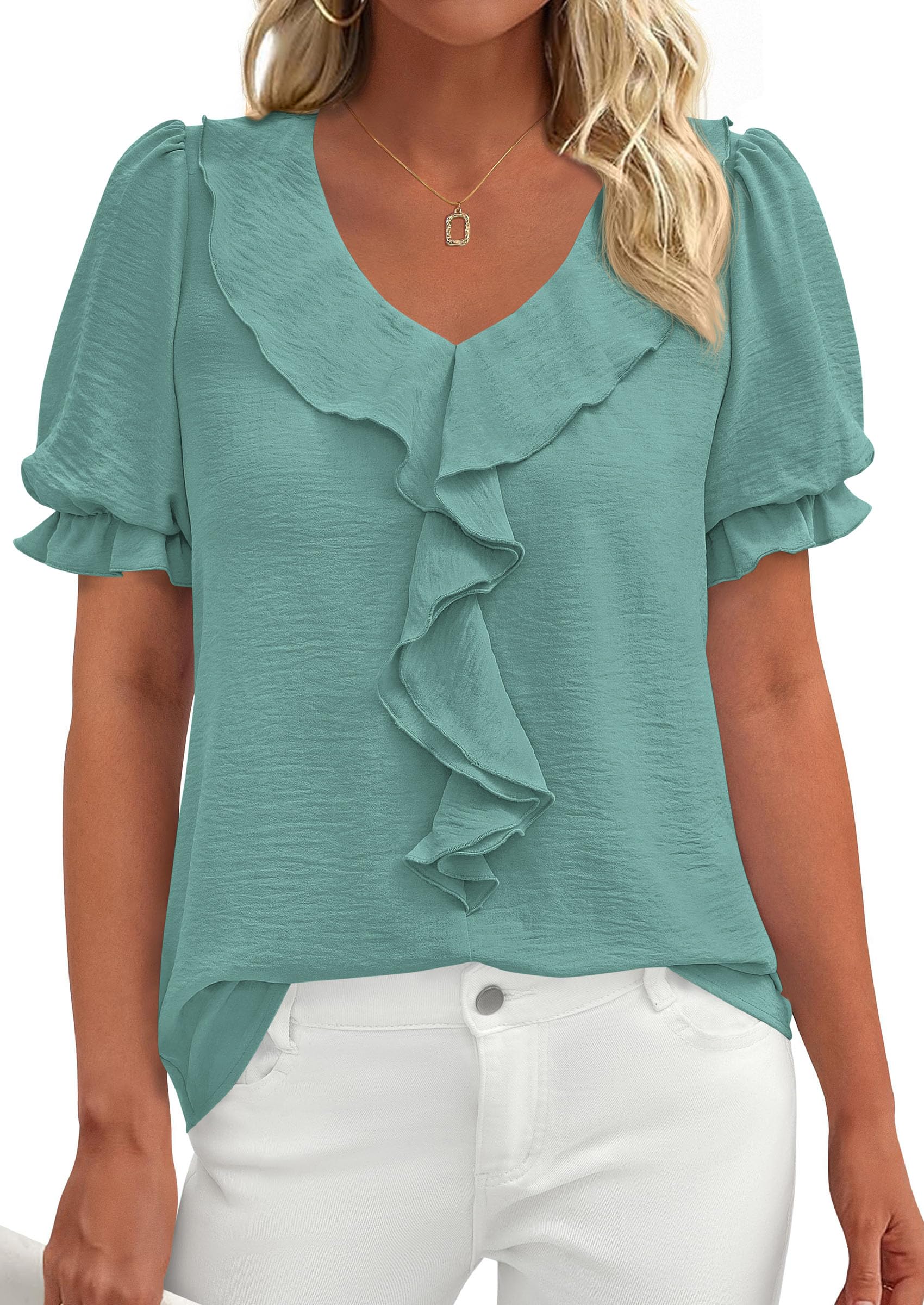 Women's Summer Ruffle Dressy Casual Blouses (Blue Green,S)