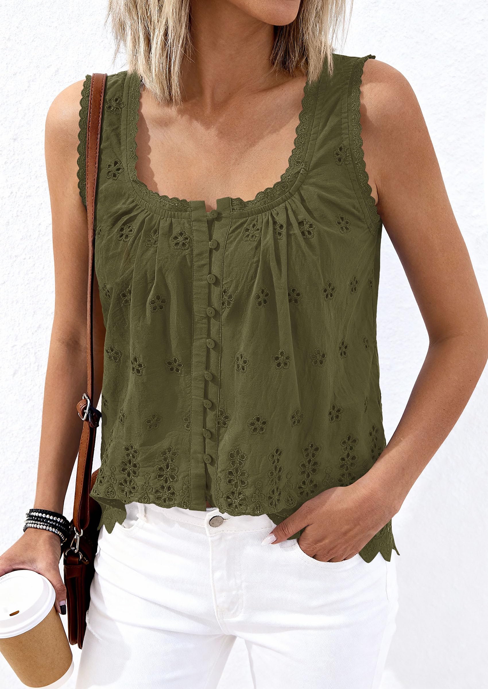 Women's Lace Tank Top Embroidery Eyelet Blouses,Army Green,S