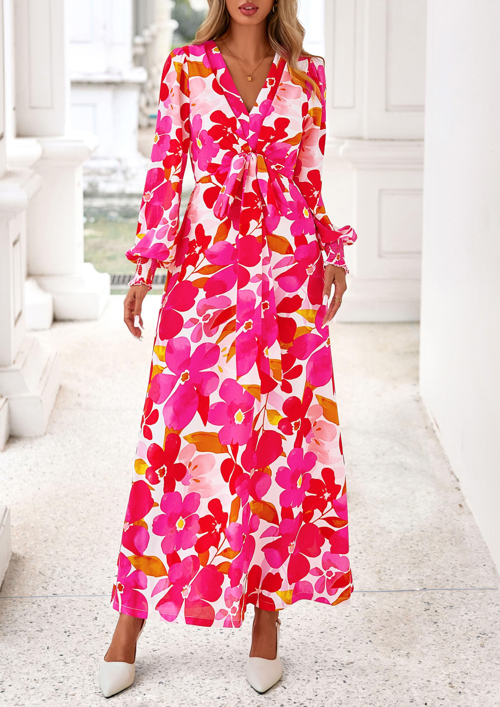 Women's Tie Waist Floral Maxi Dress,Floral White Rose Red,S