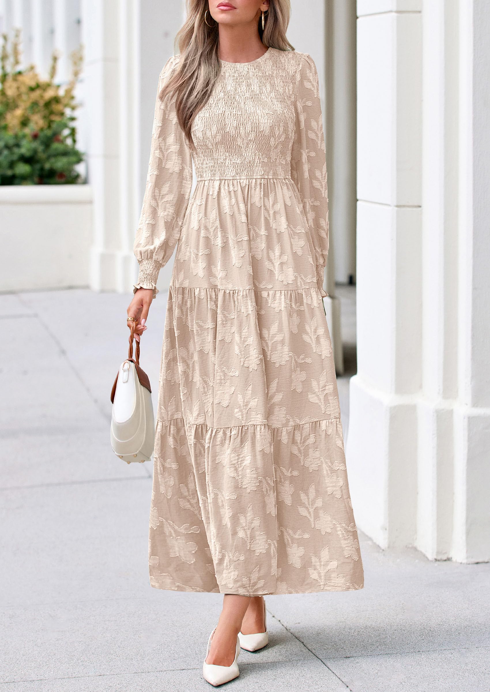 Fall Floral Long Sleeve Wedding Guest Dress for Women Pockets