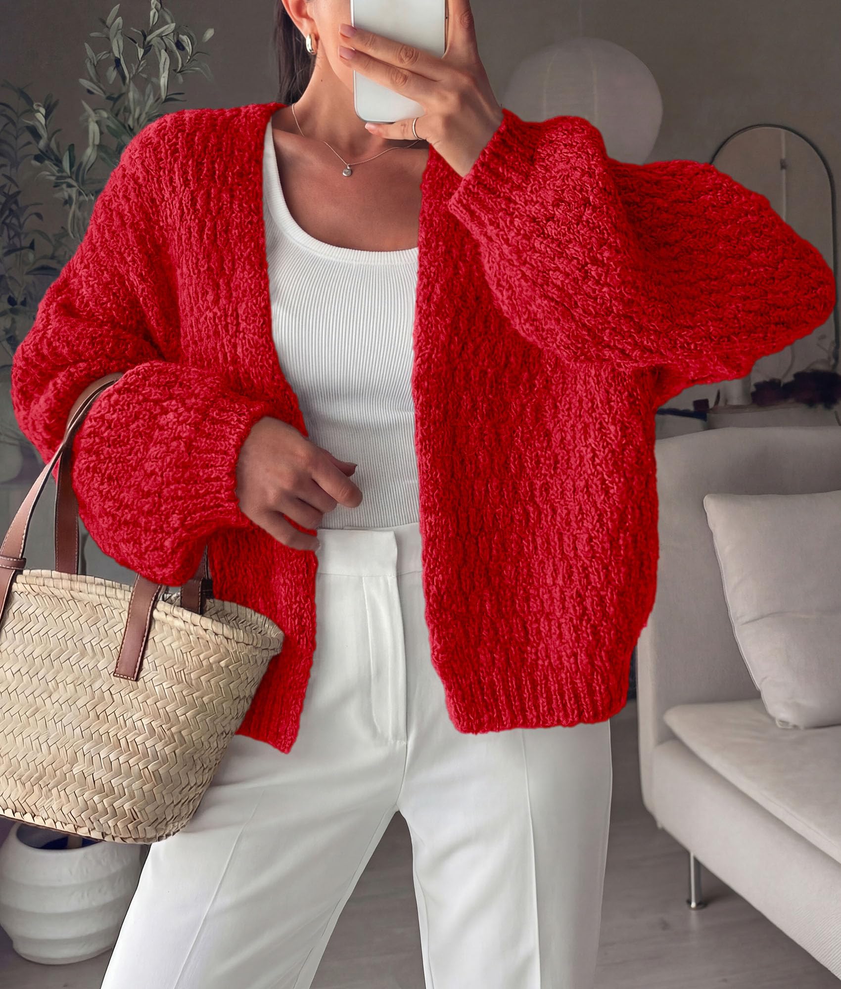 Women's Fall Cardigan Open Front Chunky Sweaters Red S