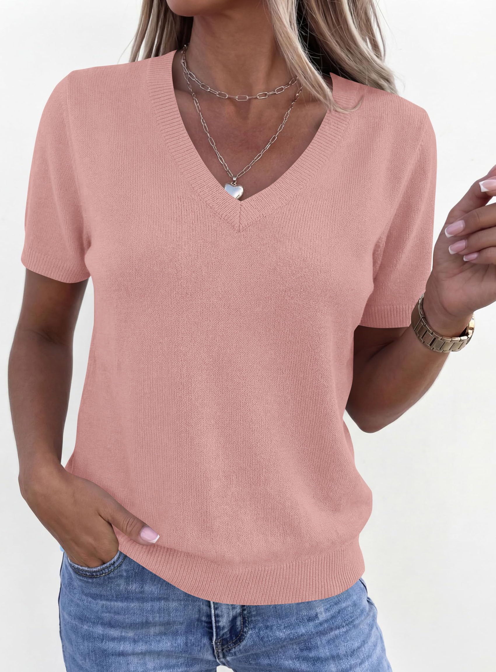 Womens Short Sleeve Sweater V Neck Tops,Dusty Pink,S