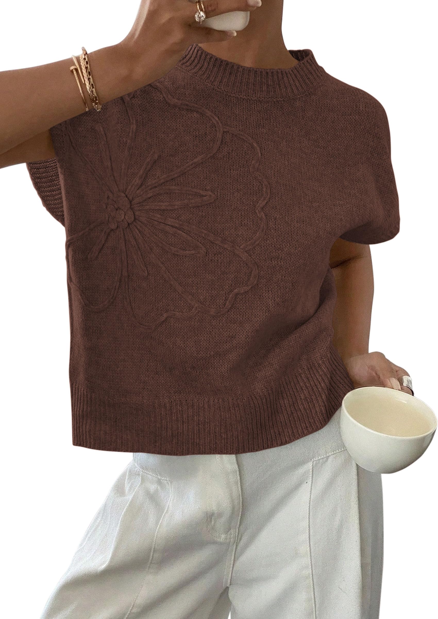 Women's Summer Short Cap Sleeve Sweater Vest (Brown,S)