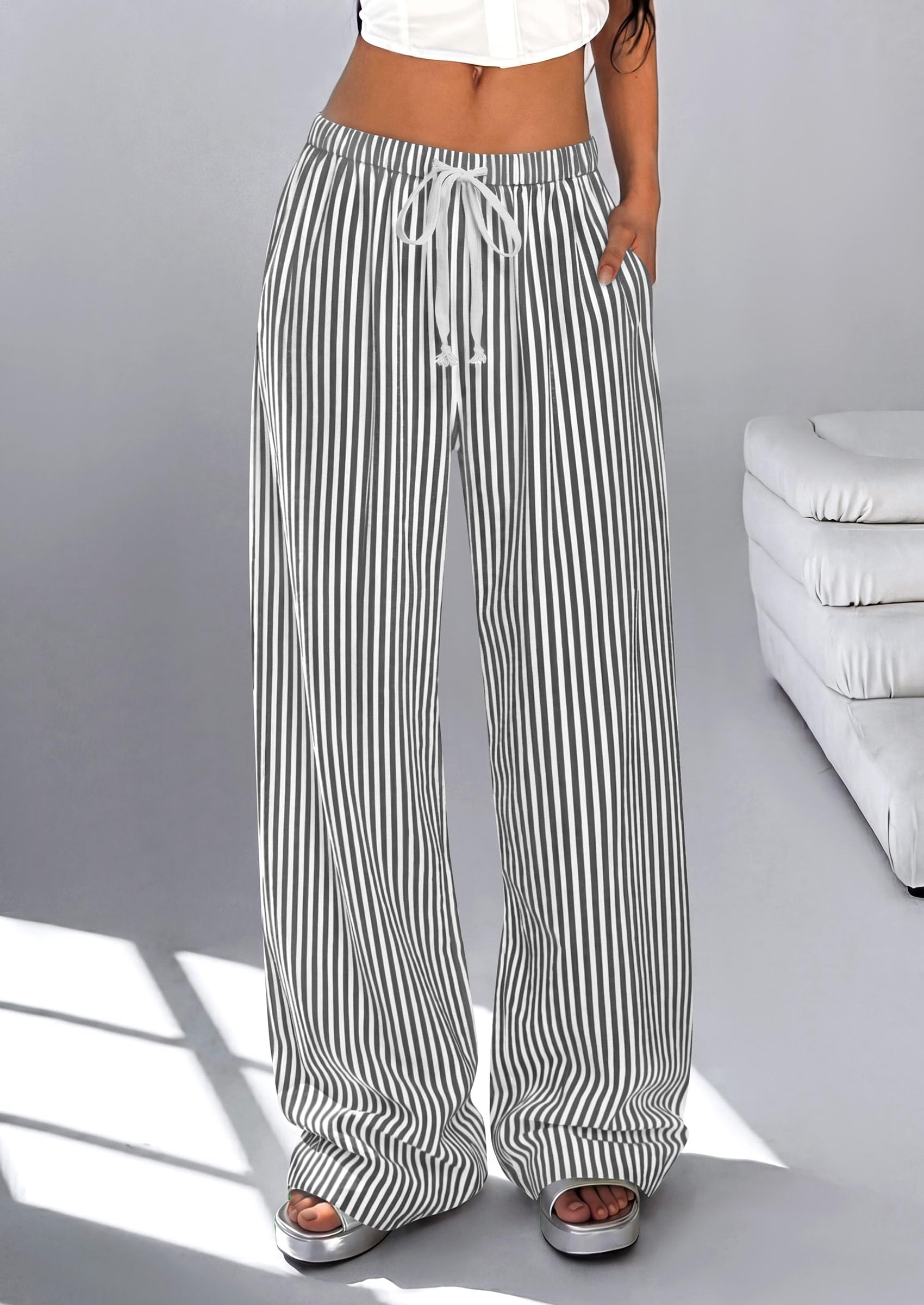 Women's Striped Wide Leg Pants 2026 Casual Palazzo with Pocket