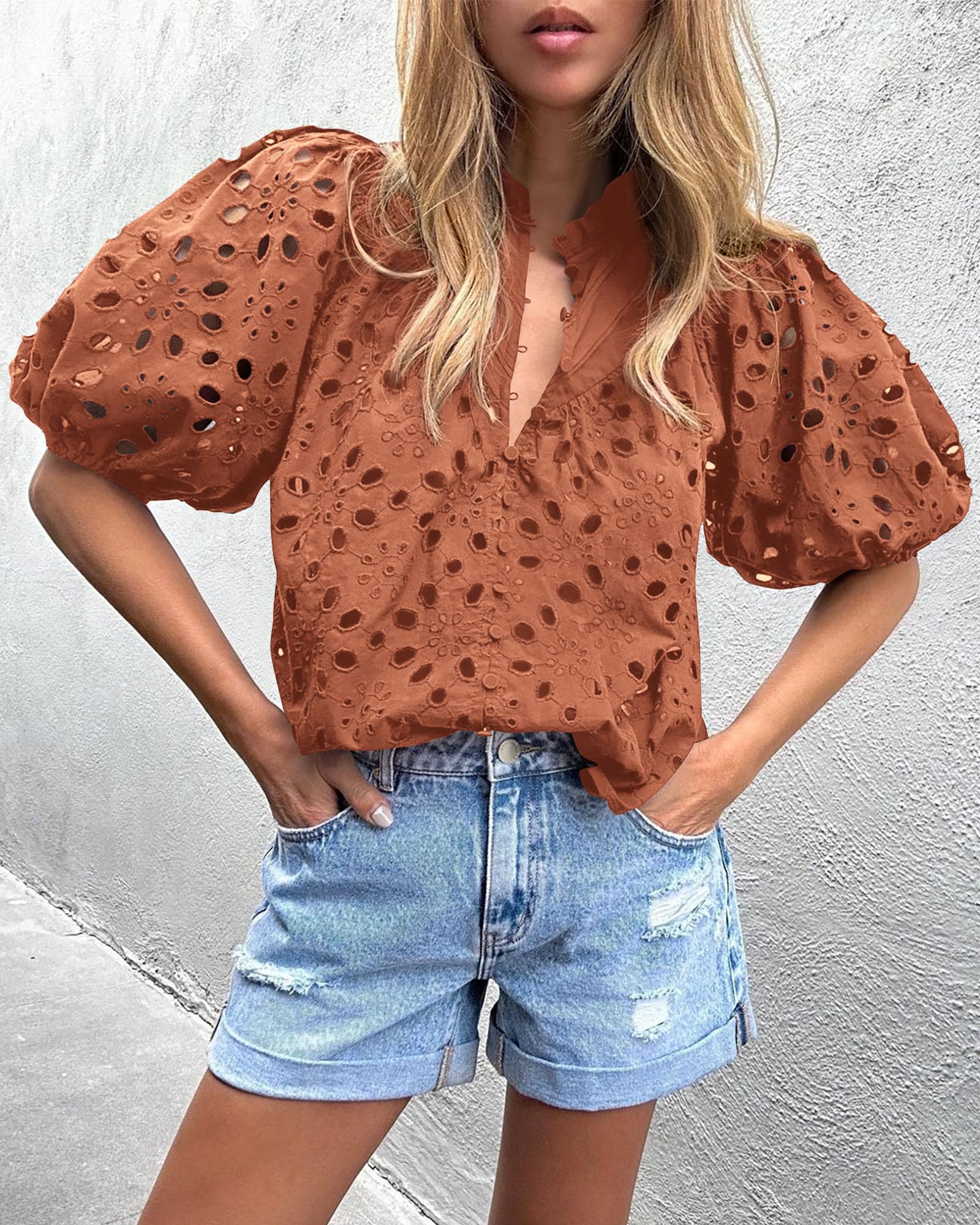 Womens Tops Boho Eyelet Puff Sleeve Blouse, Brick Red,S