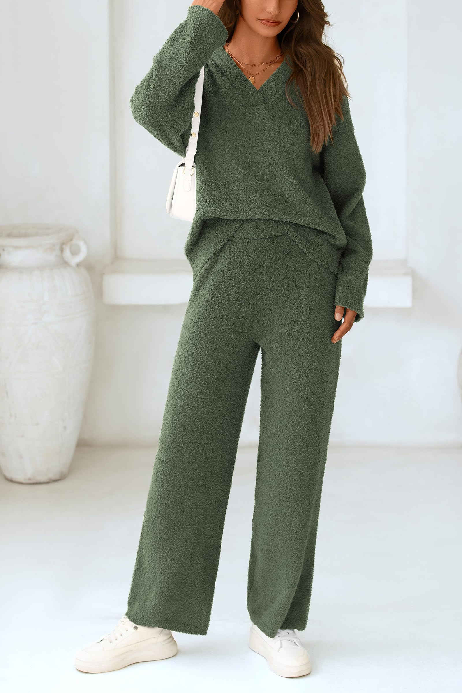 Lounge Sets for Women Fall 2 Piece Fuzzy Sweater Pajama Set