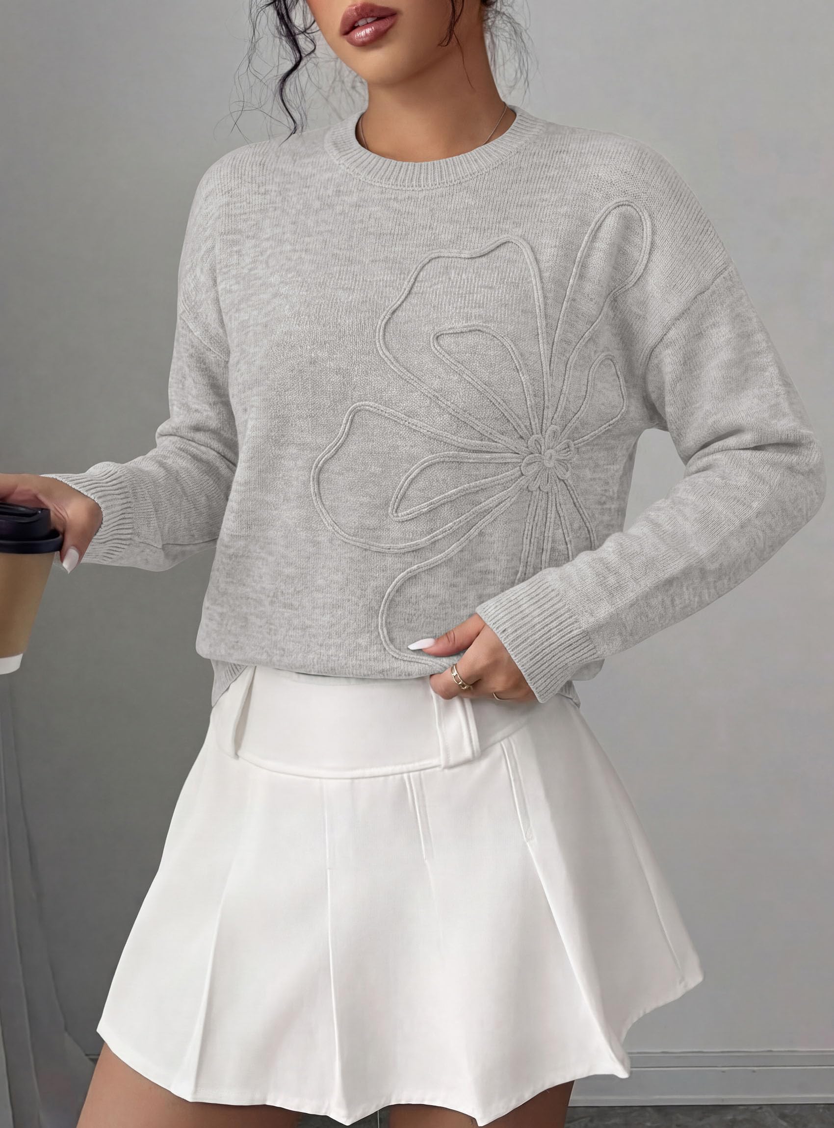 Sweaters for Women Fall Fashion Embroidered Floral Knit Tops