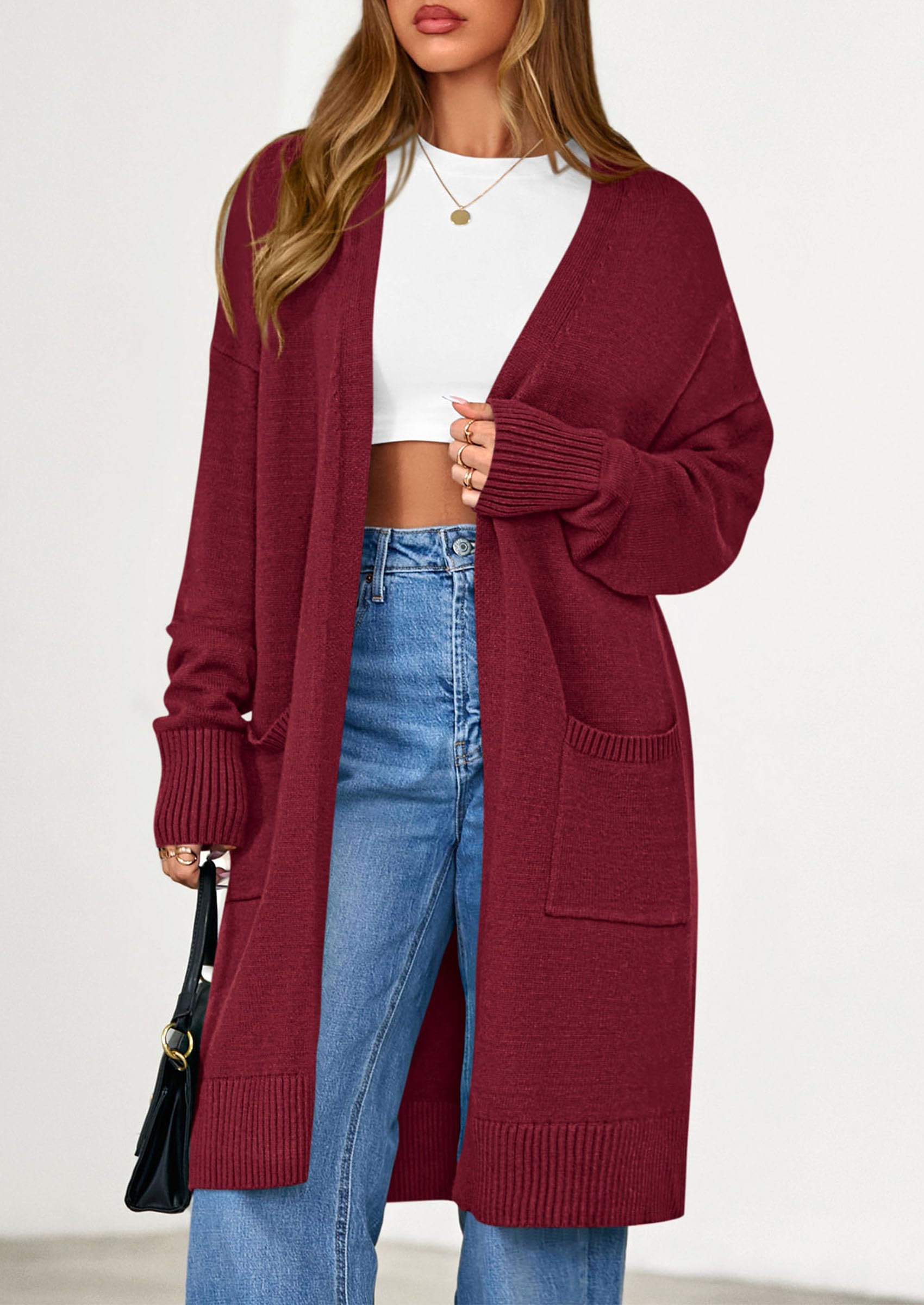 Women's Oversized Open Front Long Knit Cardigan,Burgundy,S