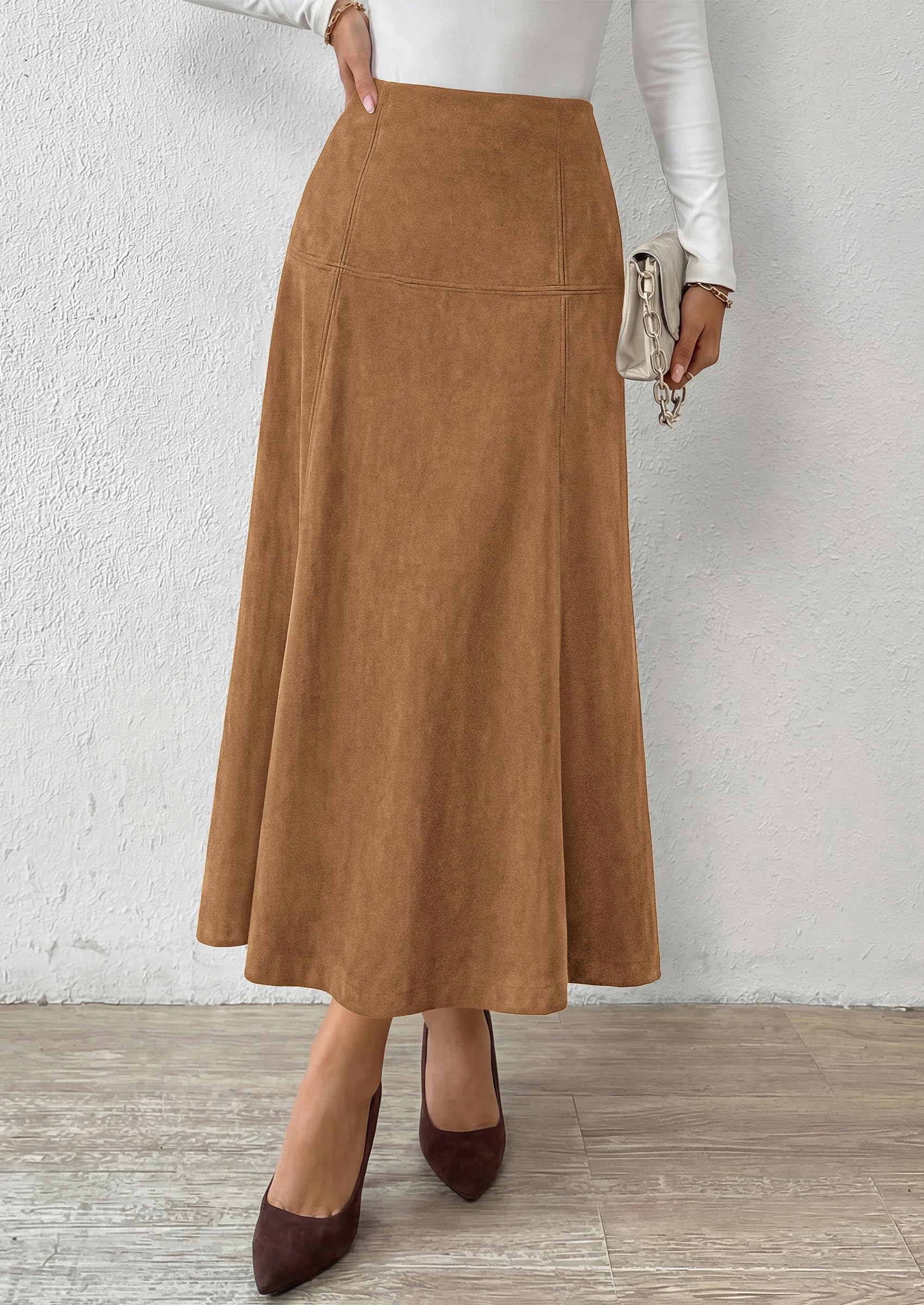 Womens High Waist Faux Suede A Line Midi Skirt,Khaki,S