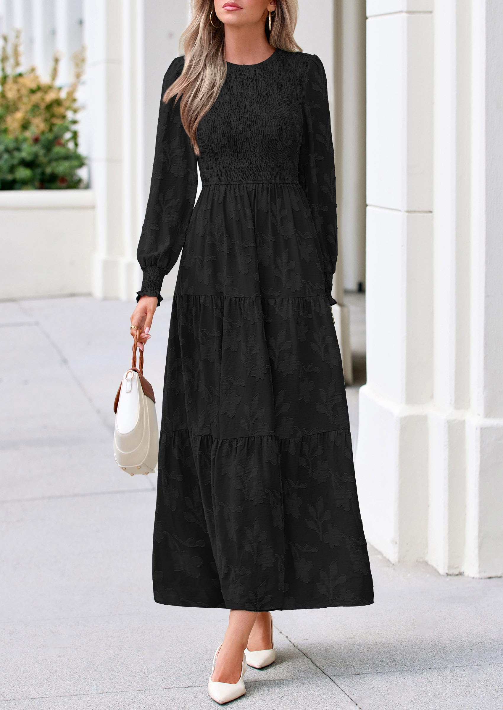 Fall Floral Long Sleeve Wedding Guest Dress for Women Pockets