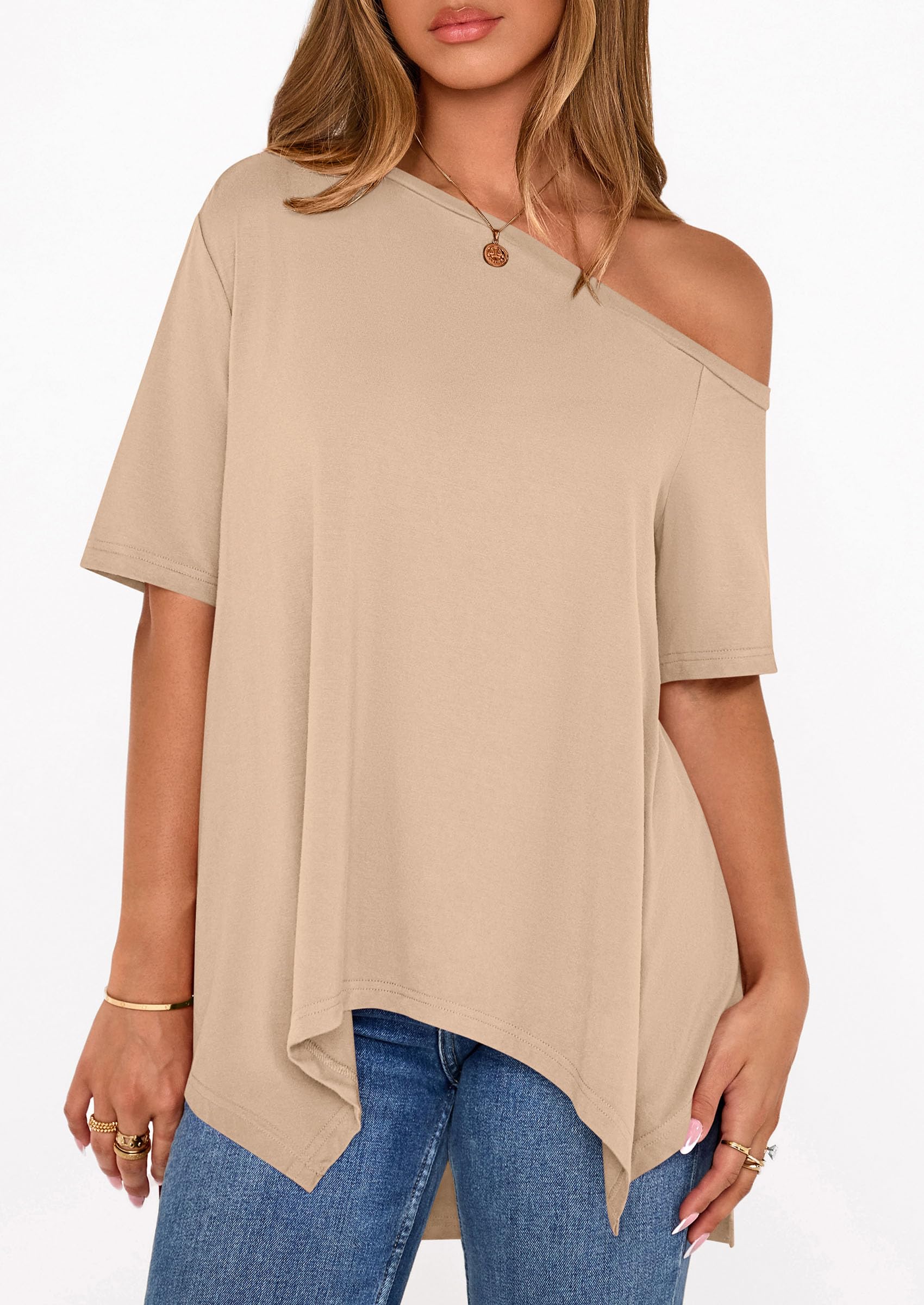Off Shoulder Tops for Women Oversized Tshirts, Beige,M