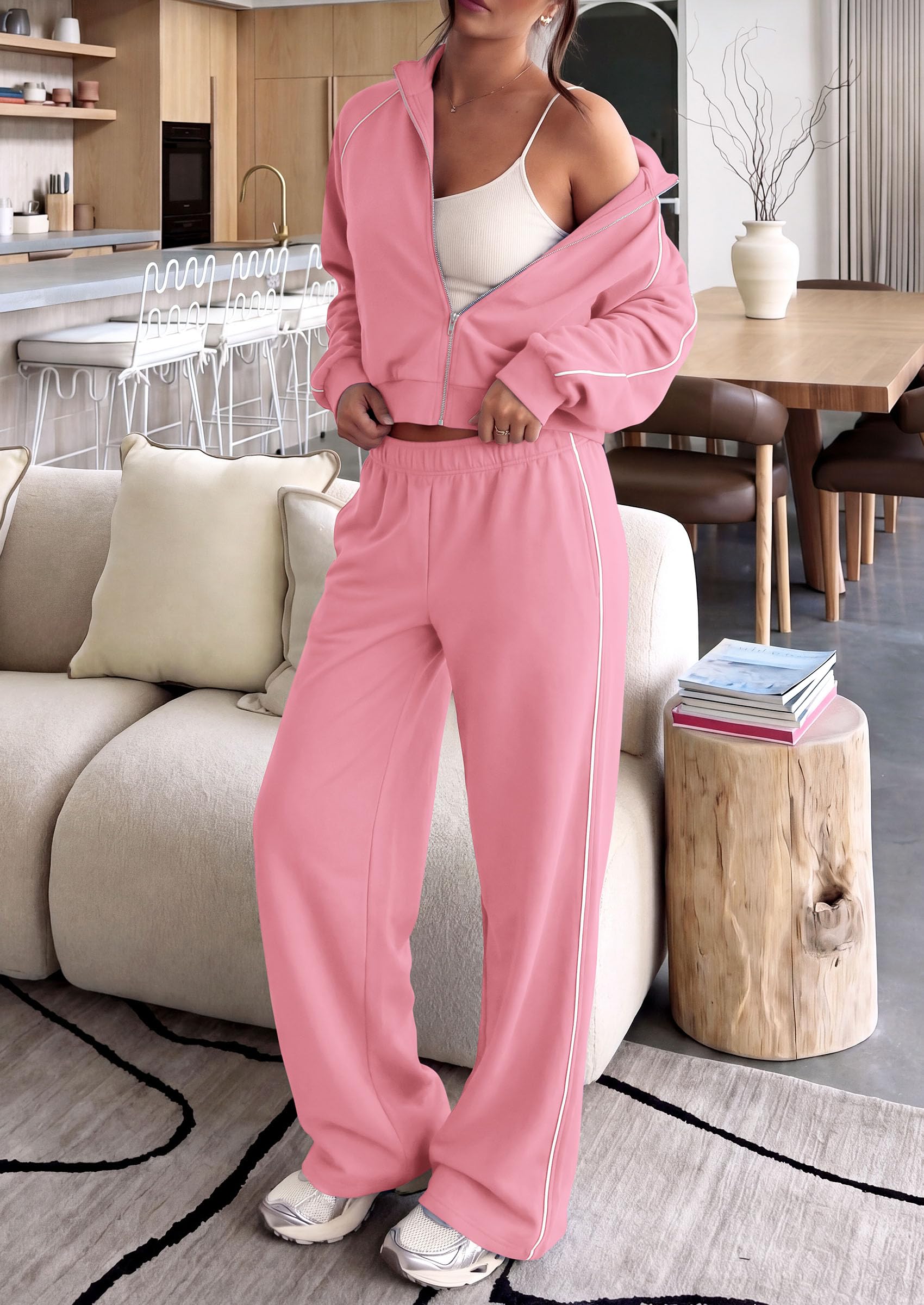 Women's 2 Piece Sweat Set Casual Fall Outfits,Pink,XXL