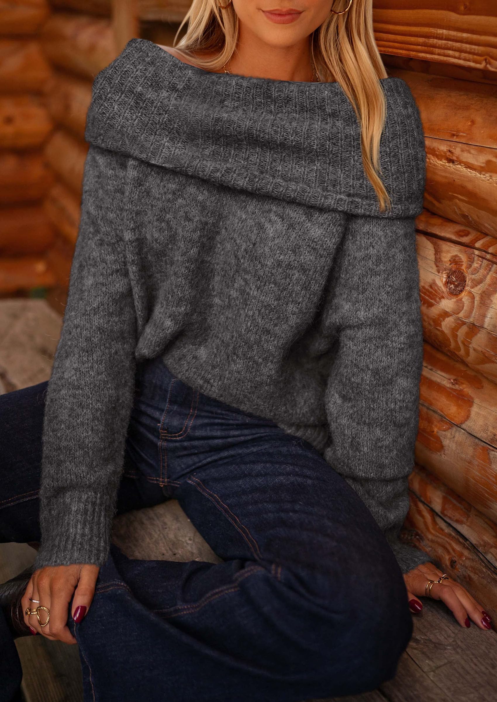 Women's Fall Off The Shoulder Sweater,Dark Grey,S