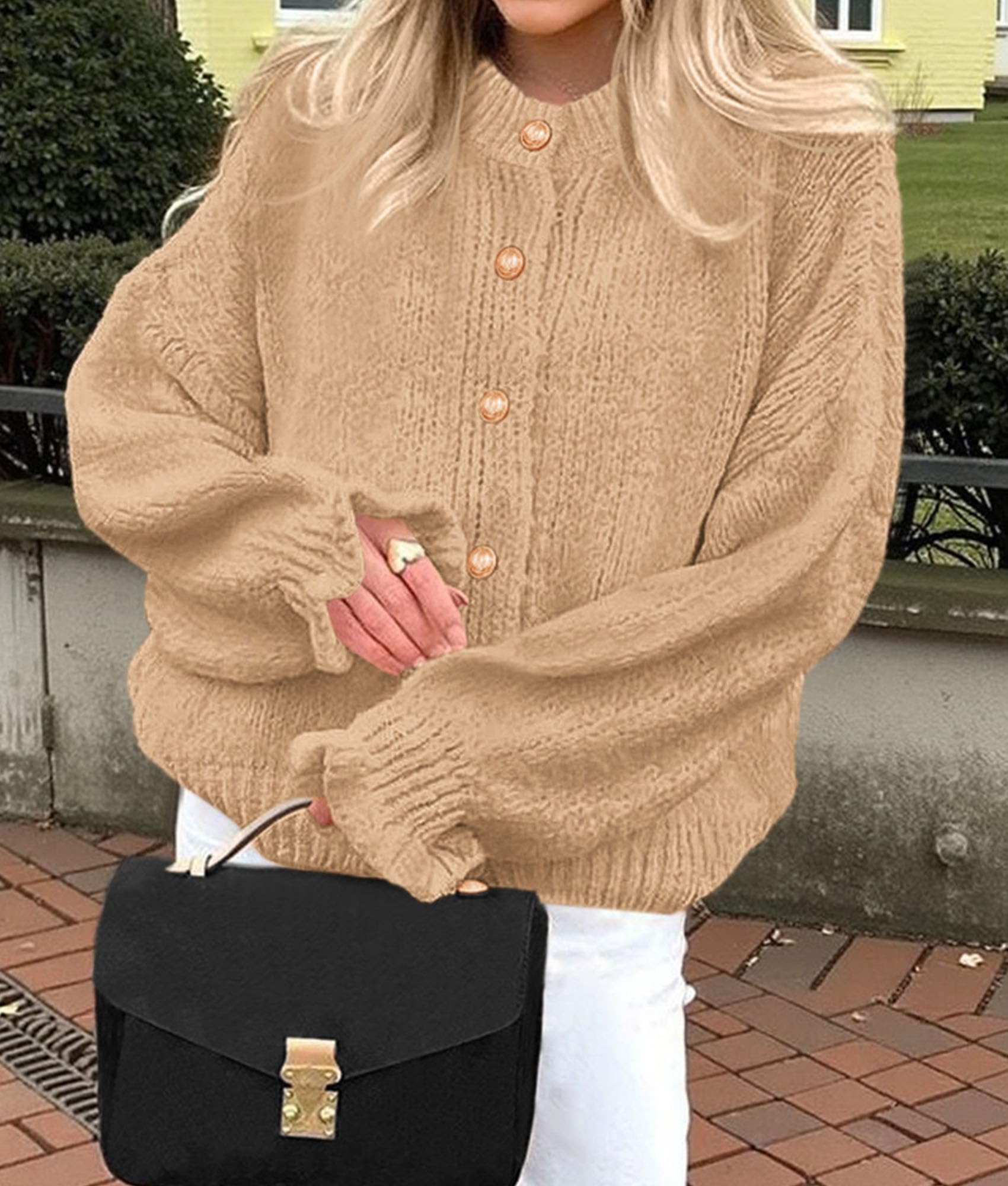 Womens Long Sleeve Chunky Knit Cardigan Sweaters,Khaki,S