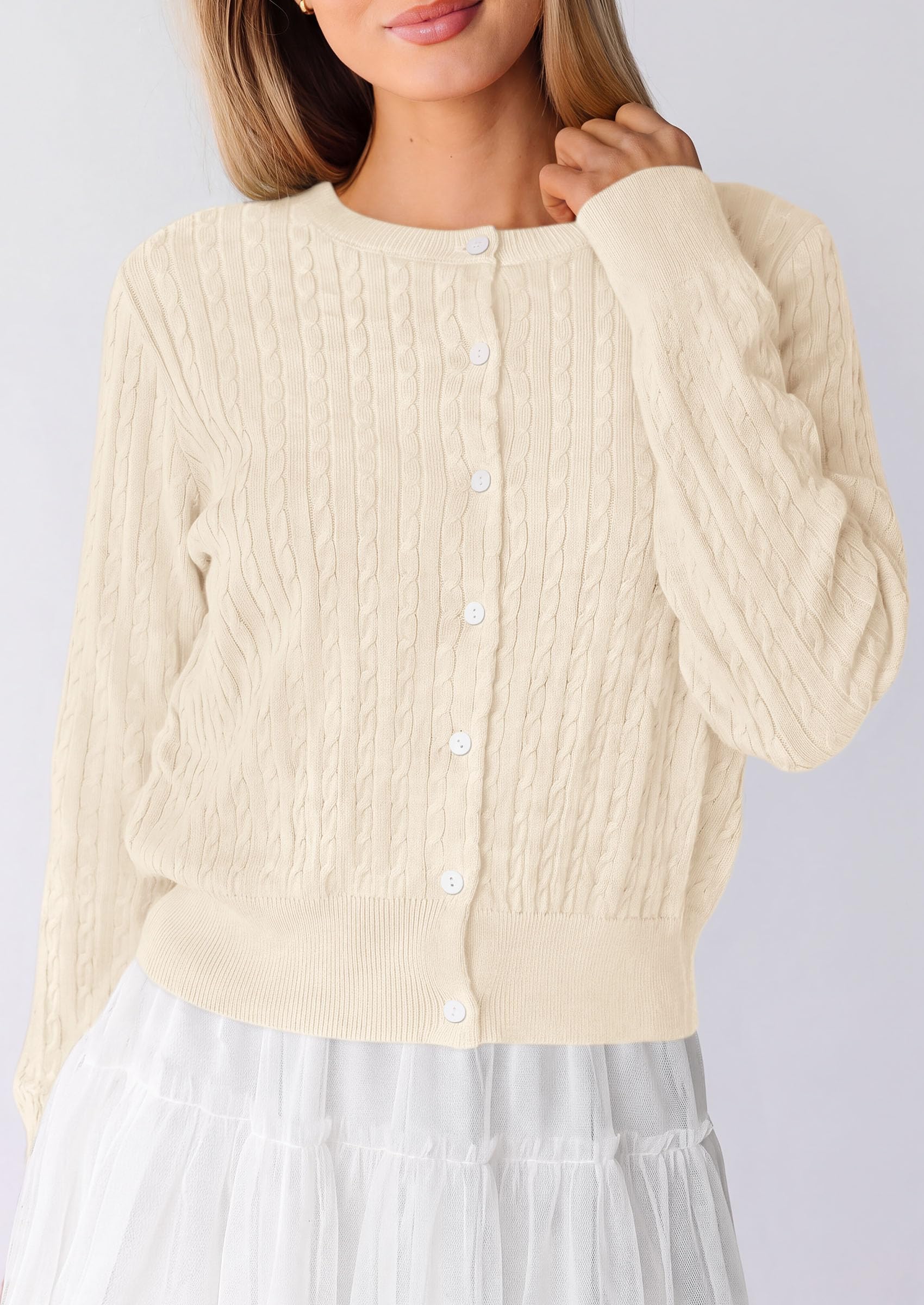 Women Fall Lightweight Cardigans Button Up Cable Knit Sweaters